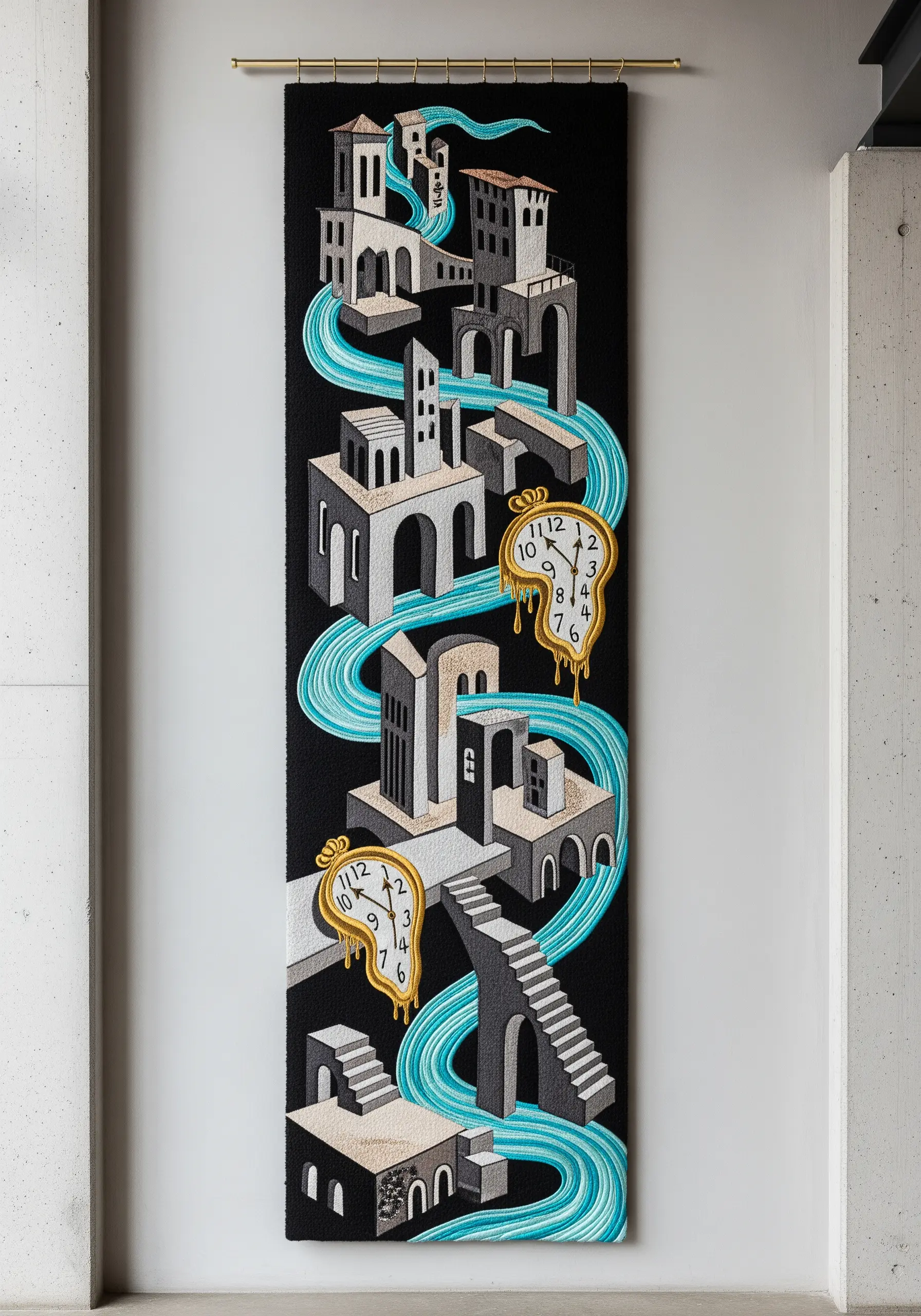 A surrealist wall hanging with melting clocks and a flowing river stitched in gradients.