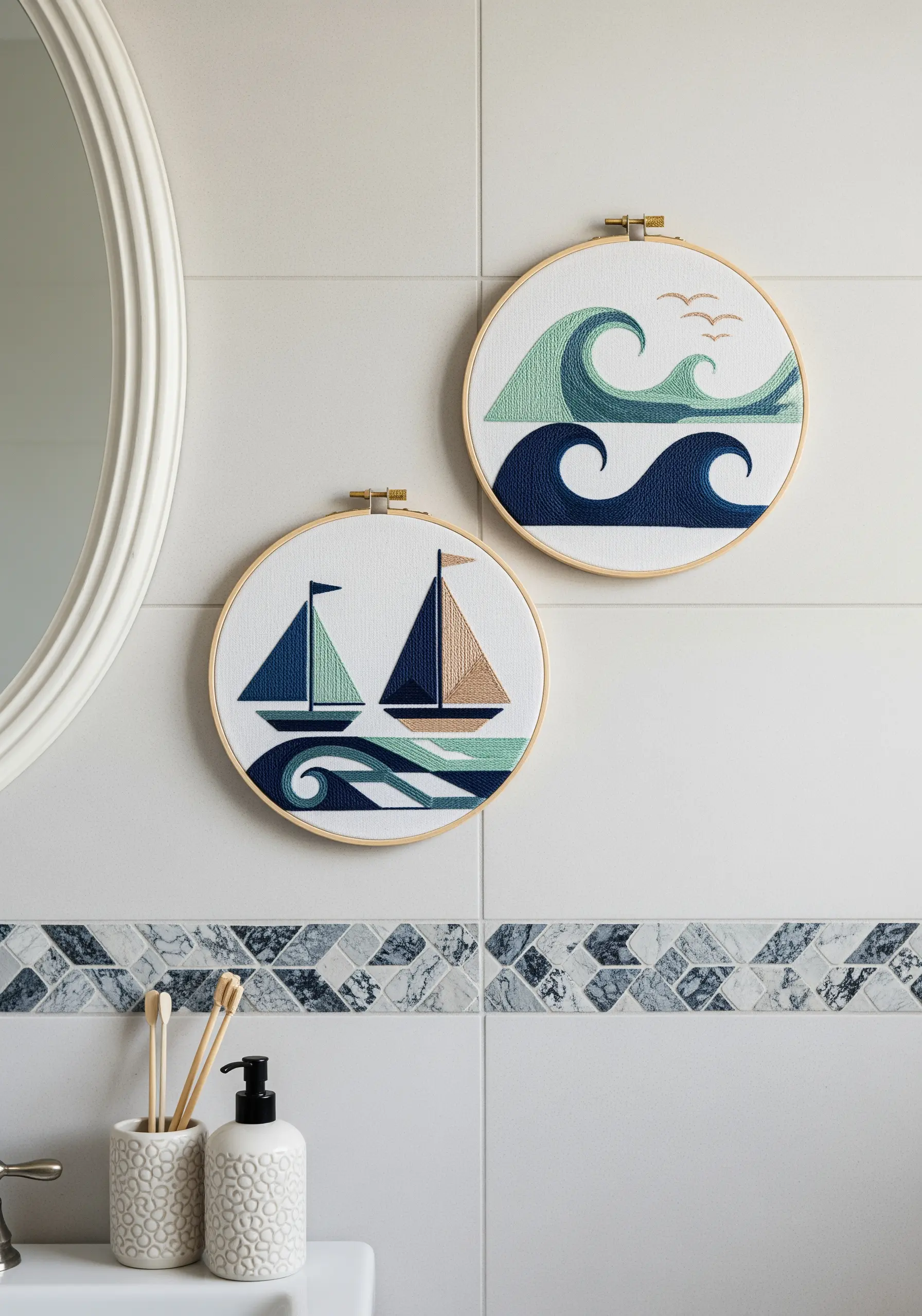 Two hoops with geometric sailboats and waves, perfect for a bathroom wall.