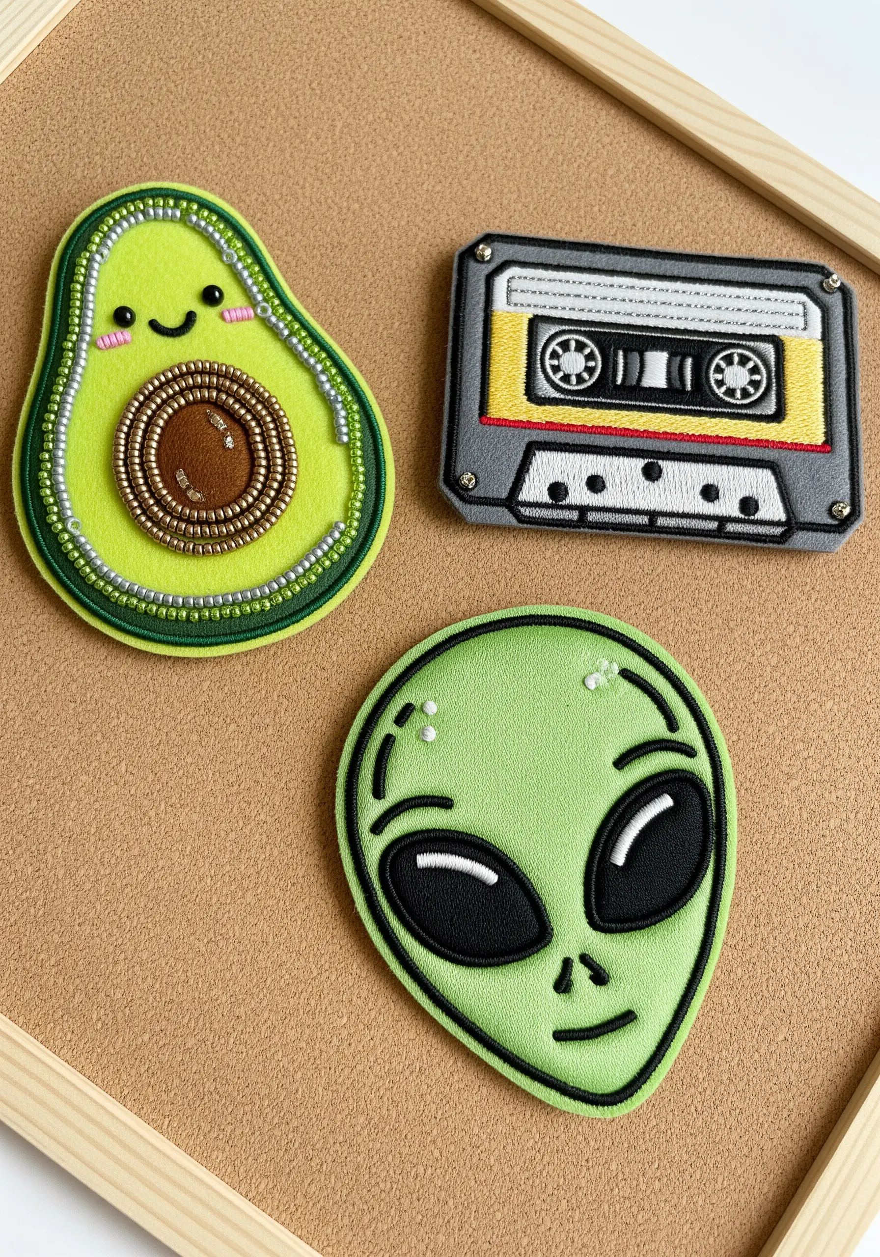 Three embroidered and beaded patches: a smiling avocado, a cassette tape, and an alien head.
