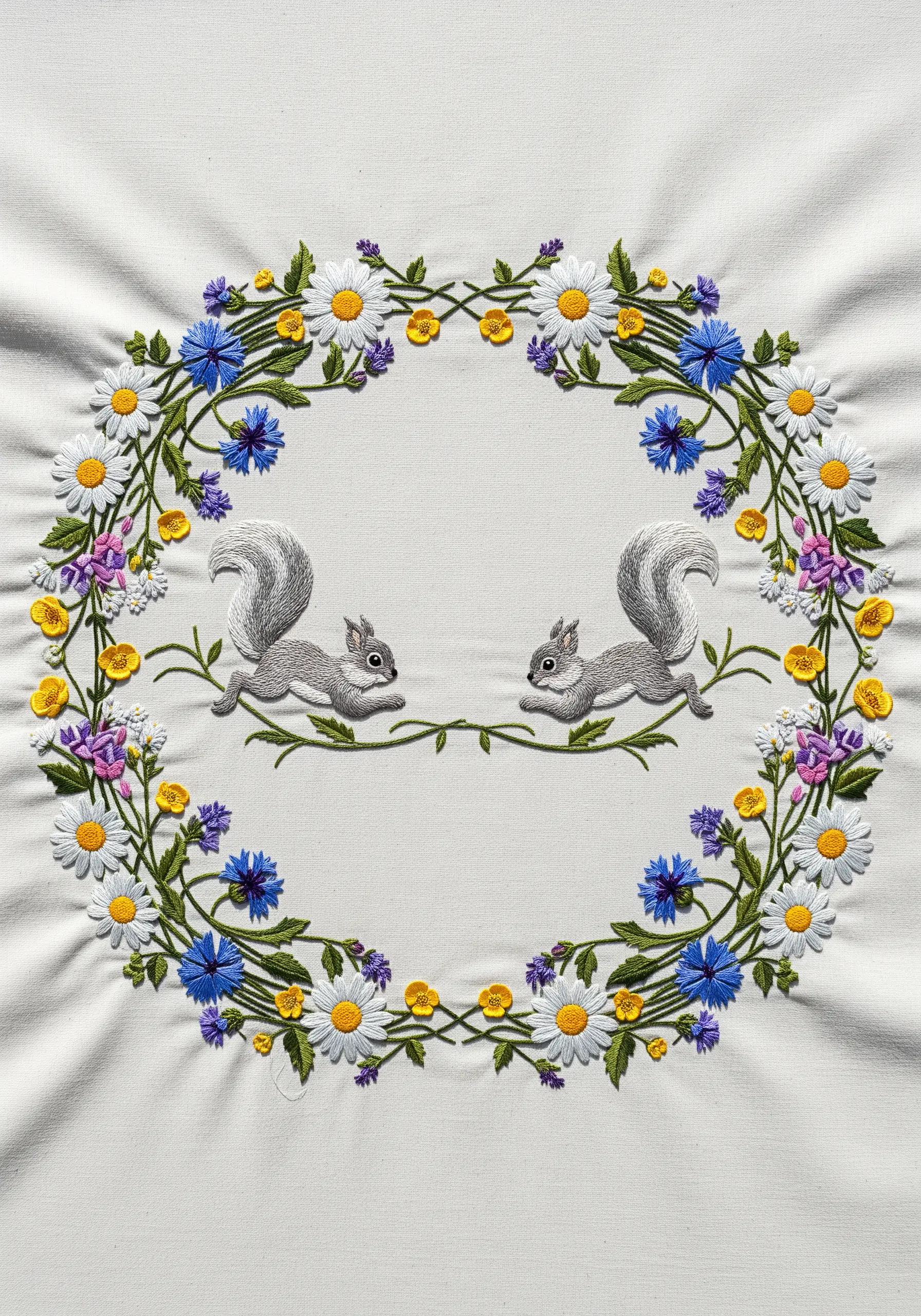 Symmetrical embroidery of a floral wreath with two small squirrels facing each other.