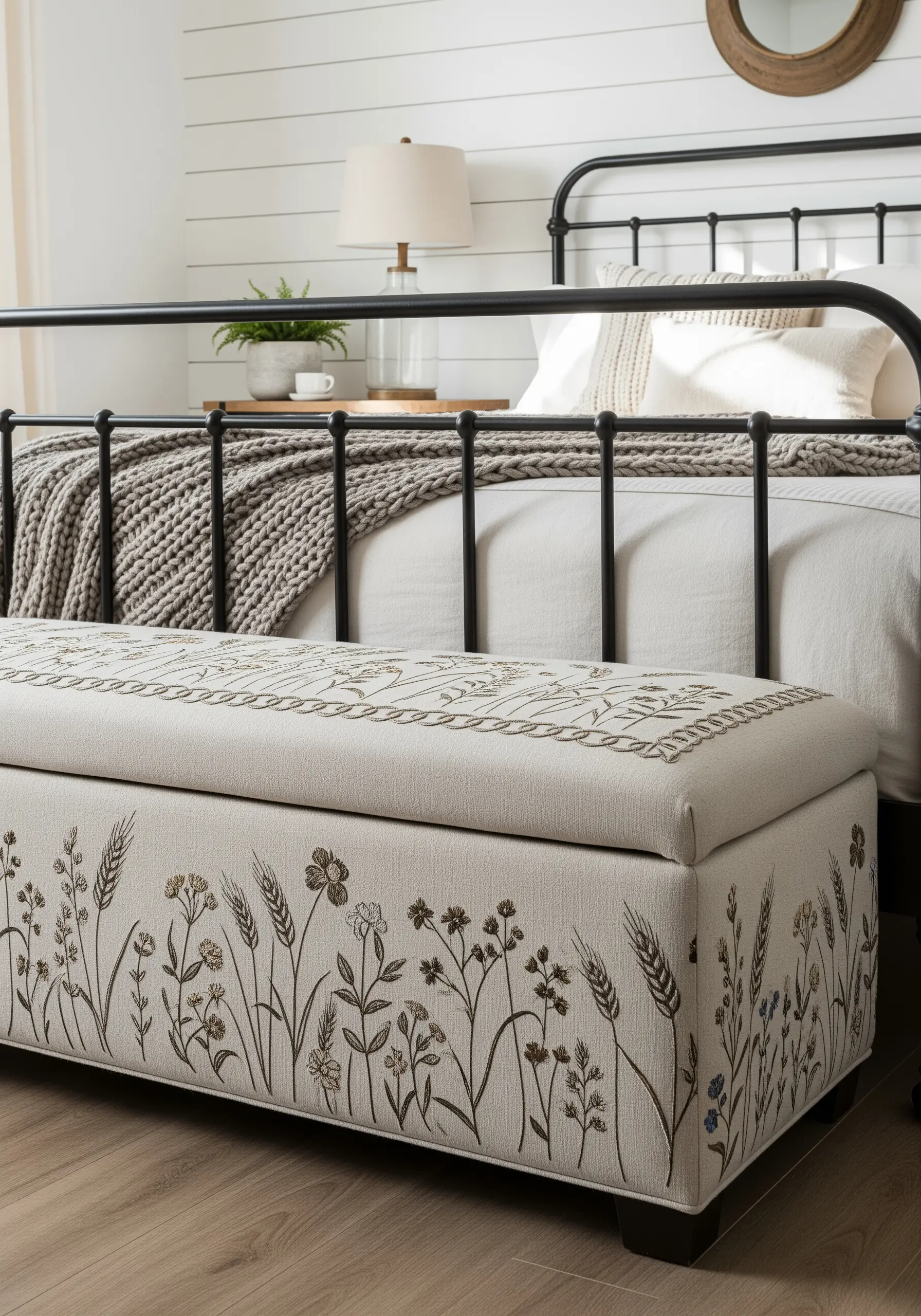 An upholstered storage bench with a delicate embroidered border of wildflowers and wheat.