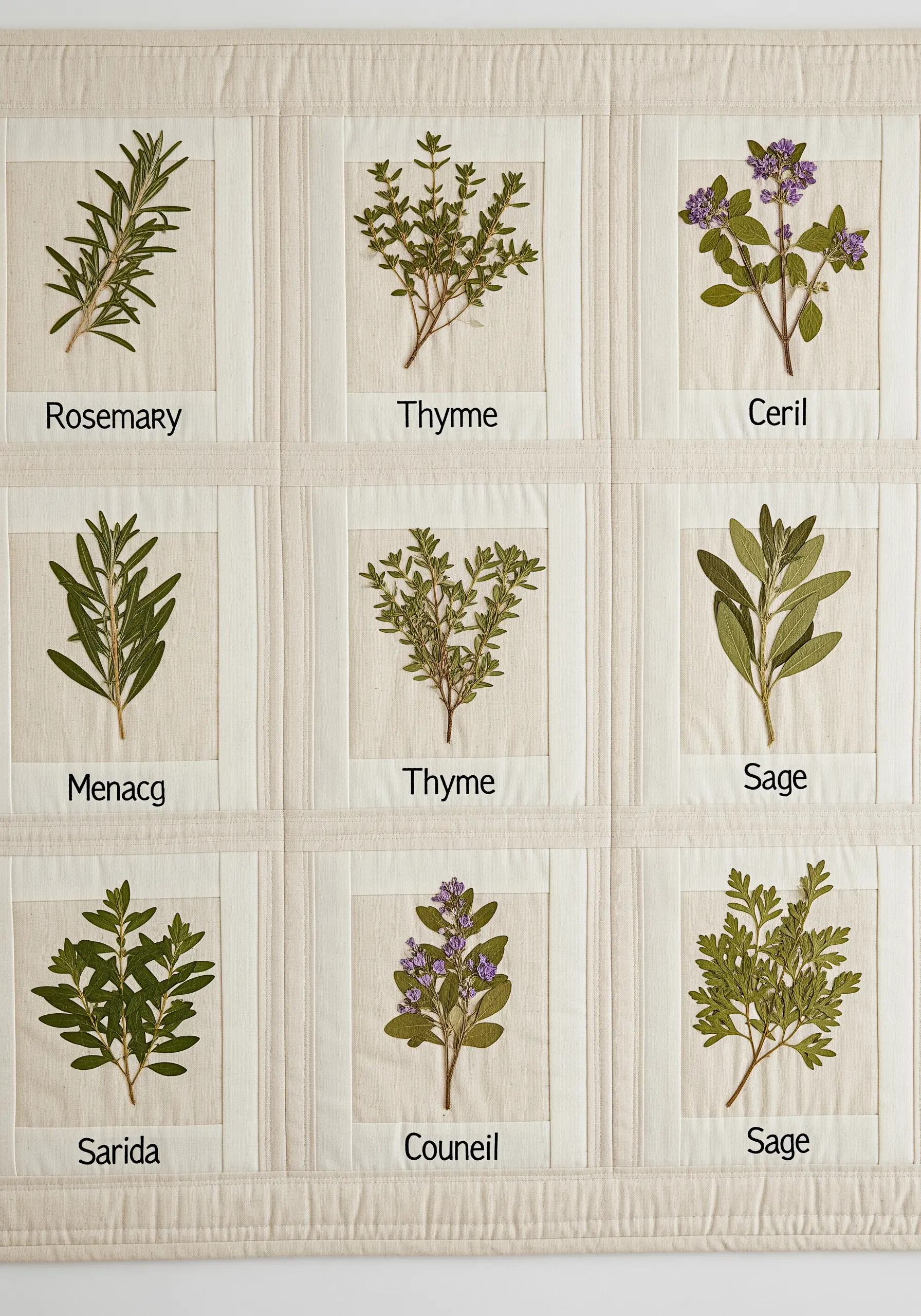 A quilt with nine blocks, each featuring a pressed herb and its embroidered name.