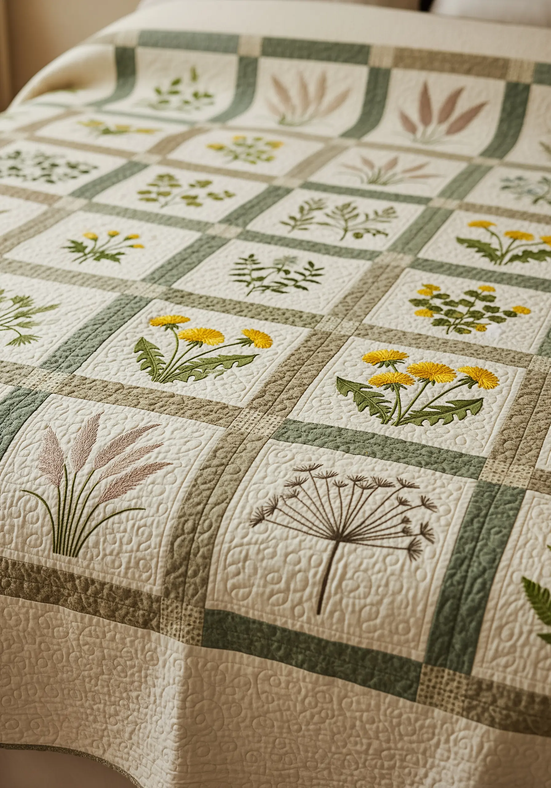 Quilt with embroidered squares of various dandelions and botanical motifs.