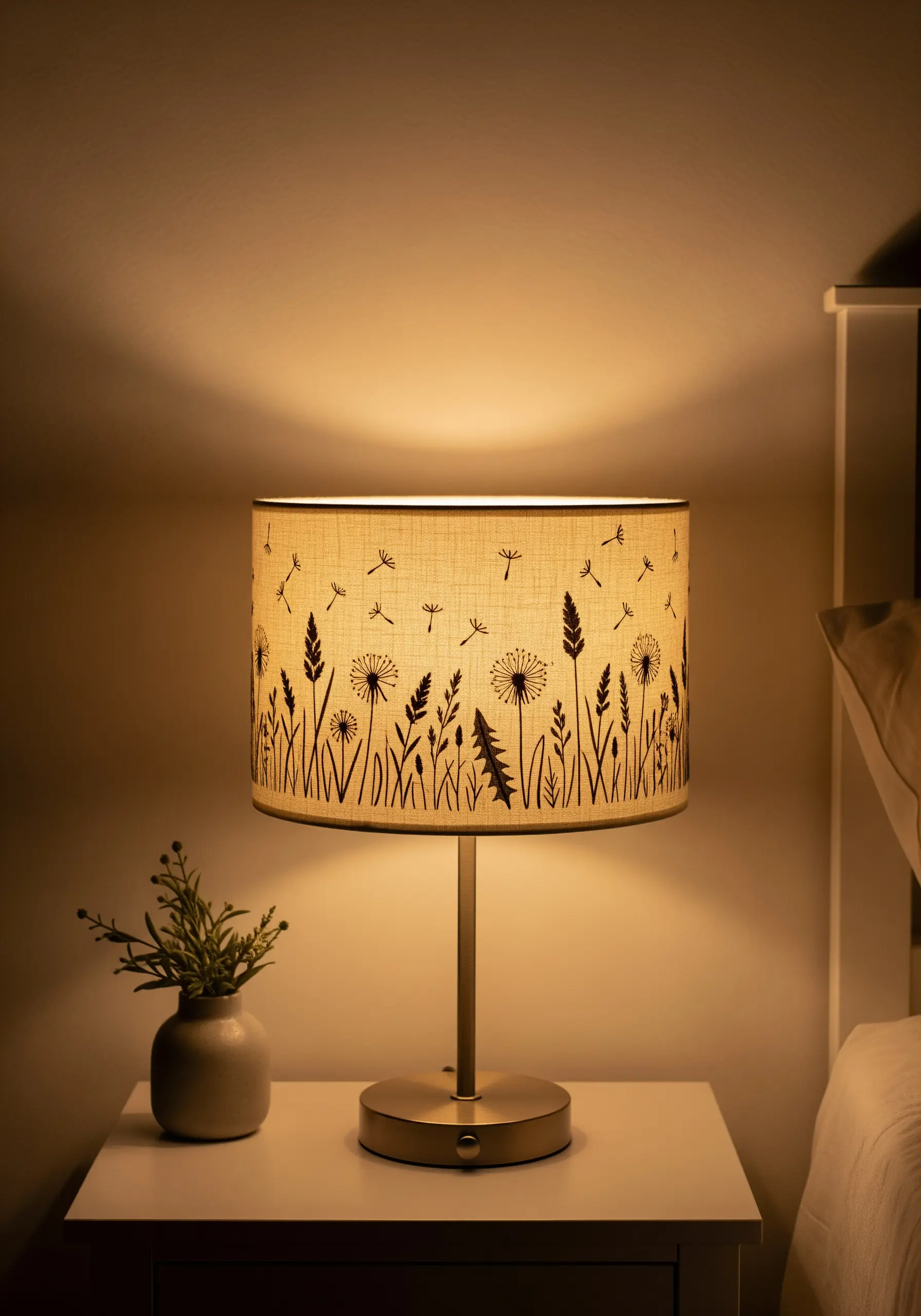 Fabric lampshade with a dark silhouette pattern of dandelions and grasses.