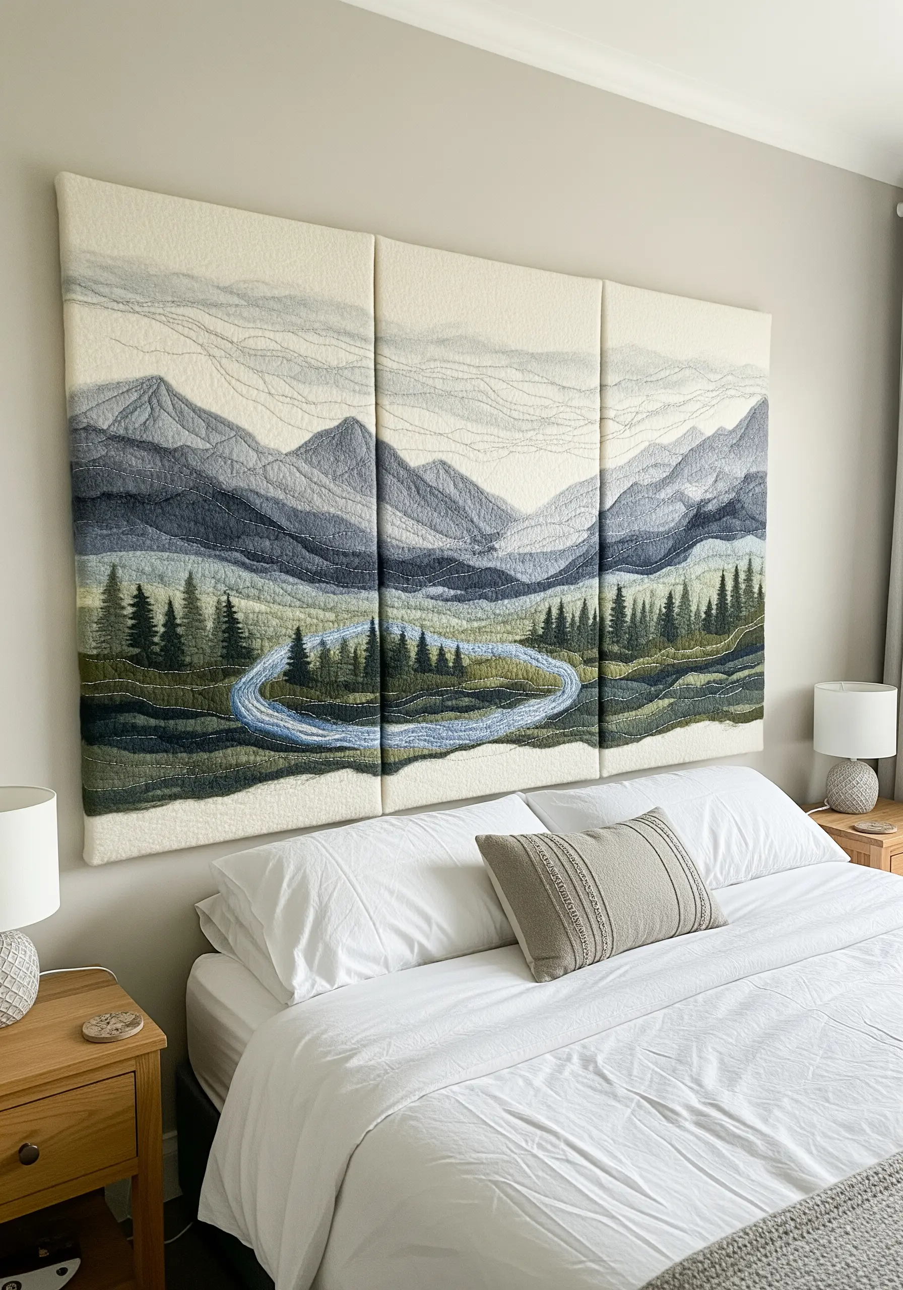 A three-panel embroidered landscape of mountains and a river above a bed.
