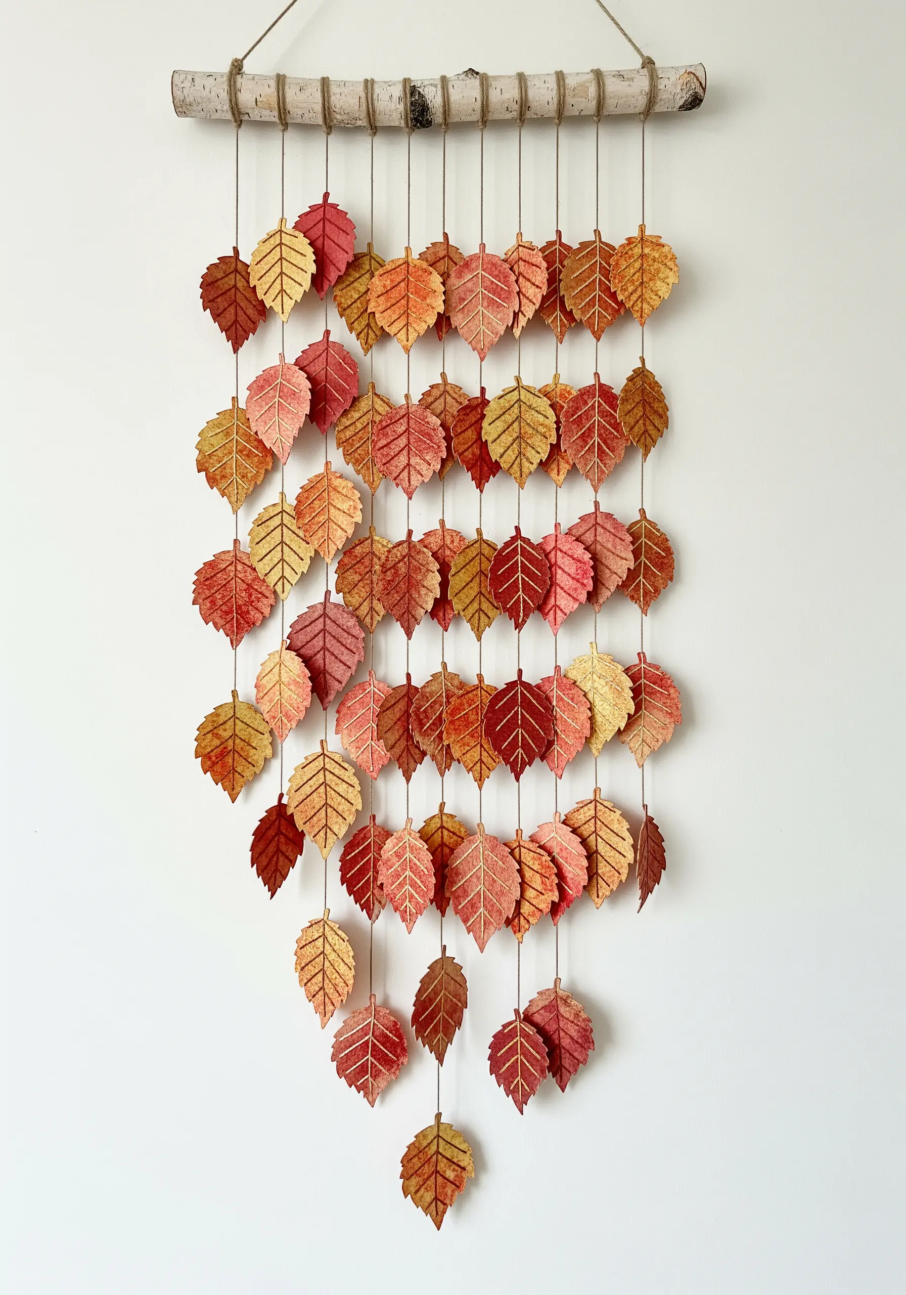 Wall hanging made of many individual stitched paper leaves in autumn colors, strung in vertical rows.