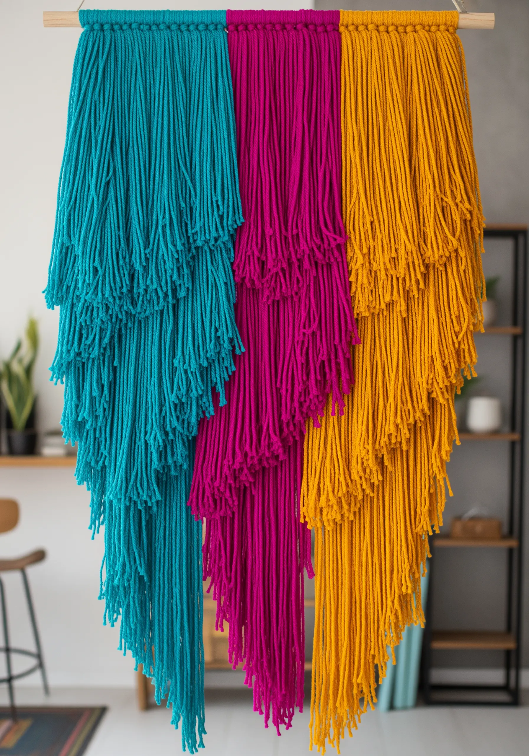 Three layered fringe wall hangings in bold teal, magenta, and mustard yellow.