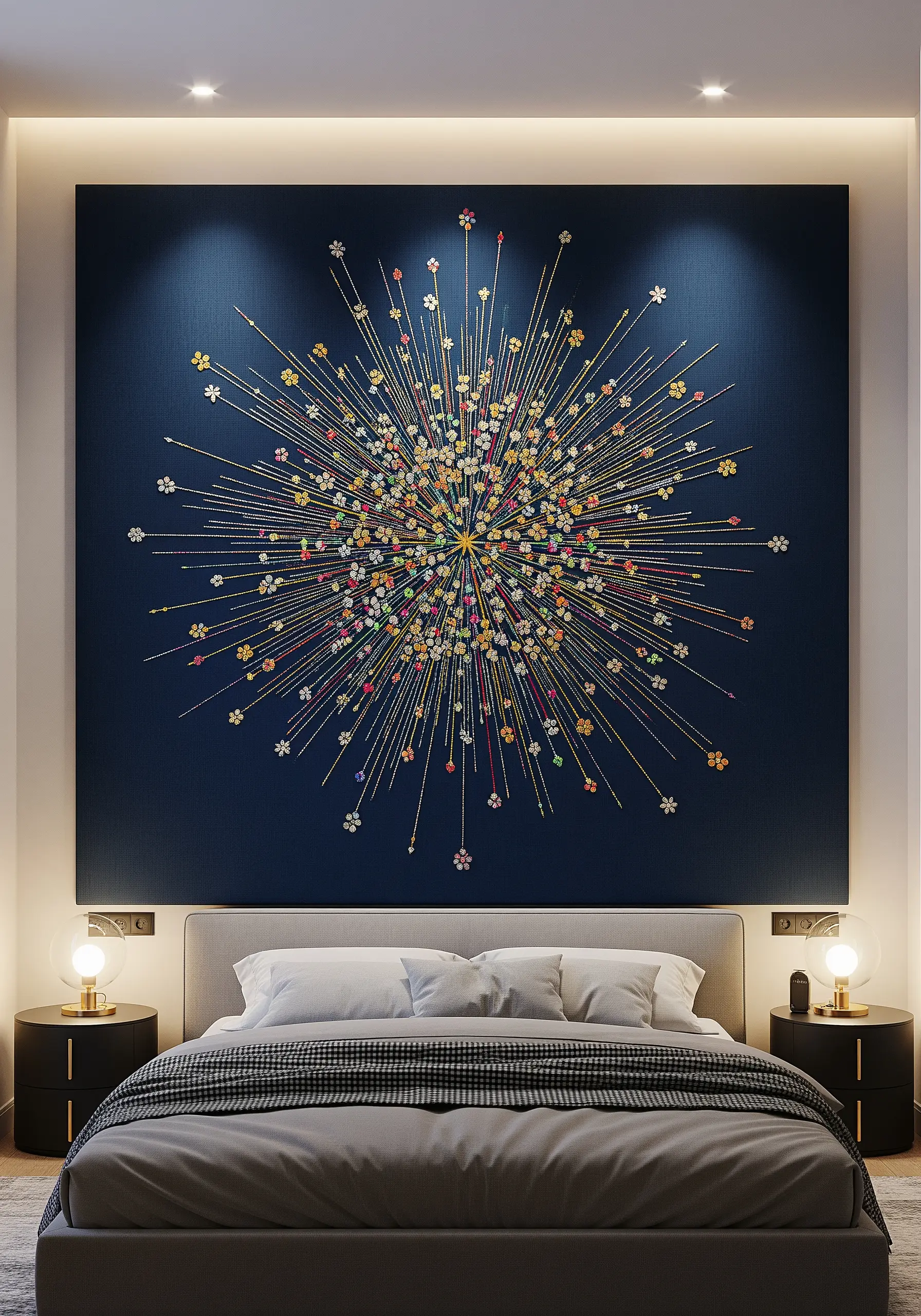 A large square embroidery of a floral or celestial burst against a dark blue background.