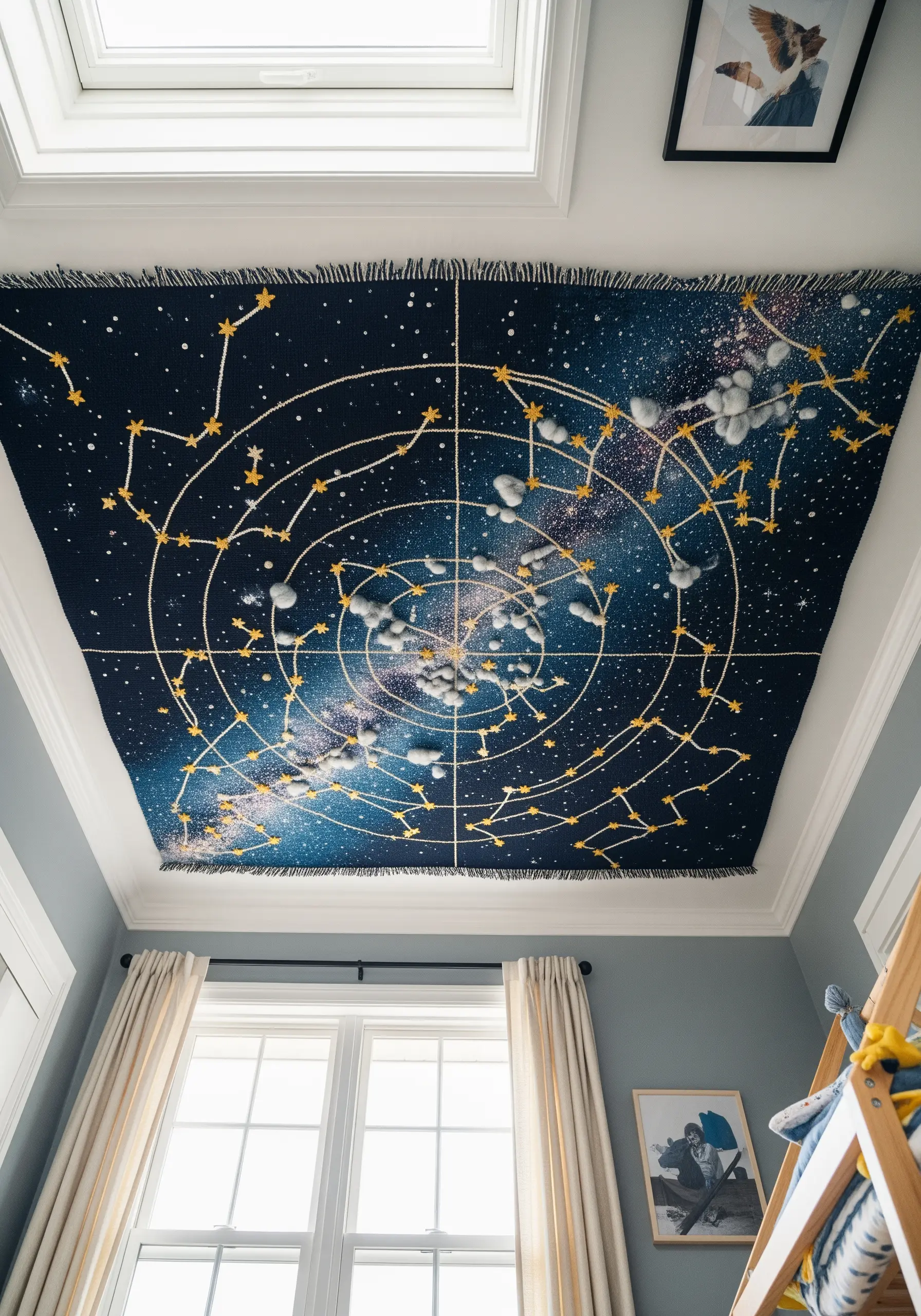A woven blanket with a star chart and galaxy design attached to the ceiling of a child's bedroom.