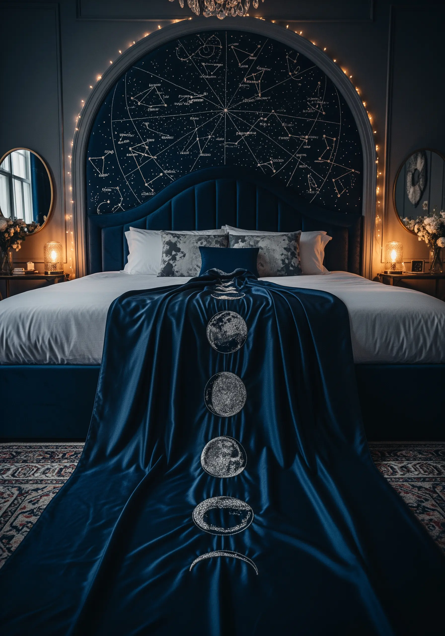 Embroidered moon phases and a constellation map on a dark blue velvet bed runner.