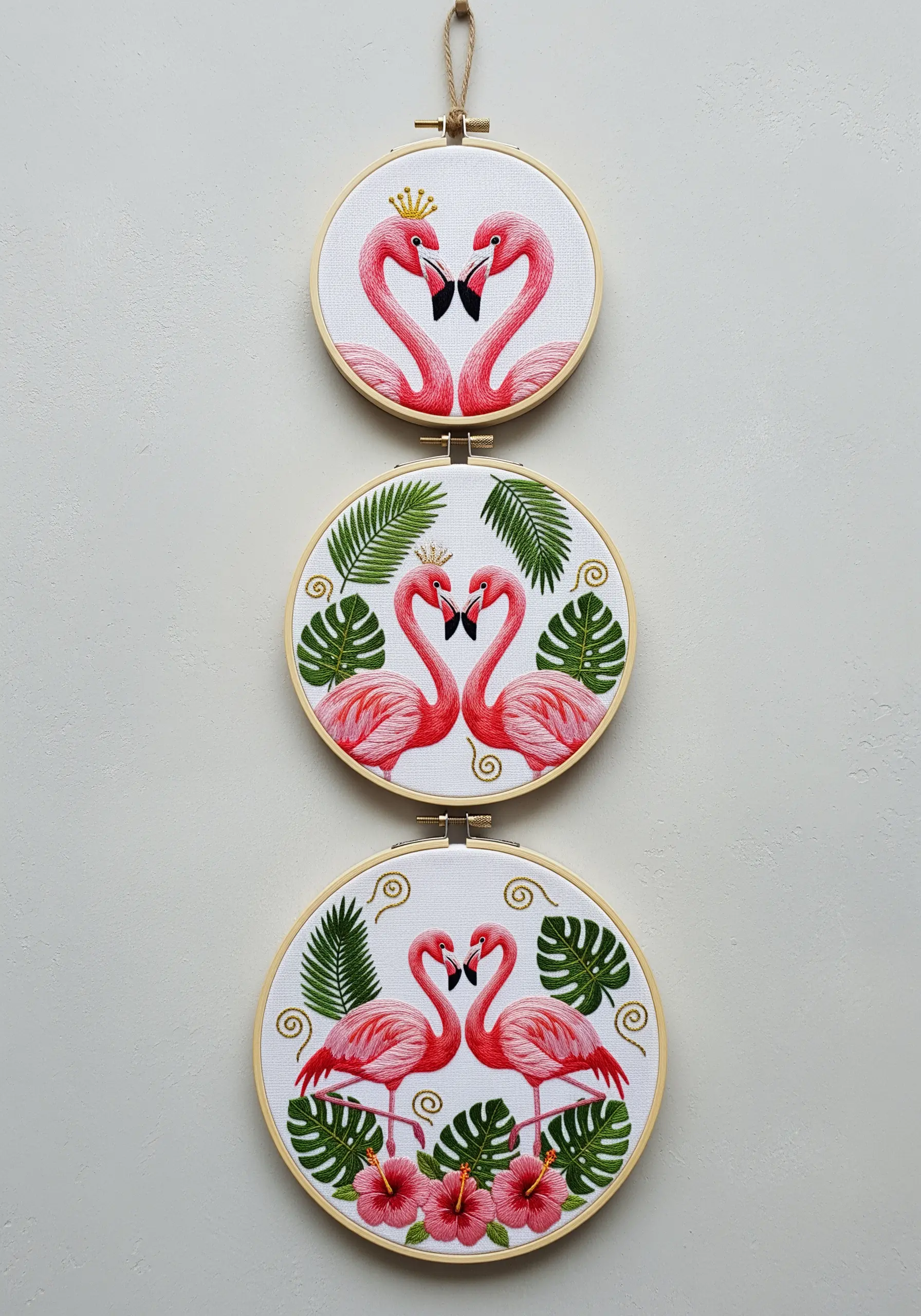 A set of three embroidery hoops with matching flamingo designs, creating a cohesive wall display.