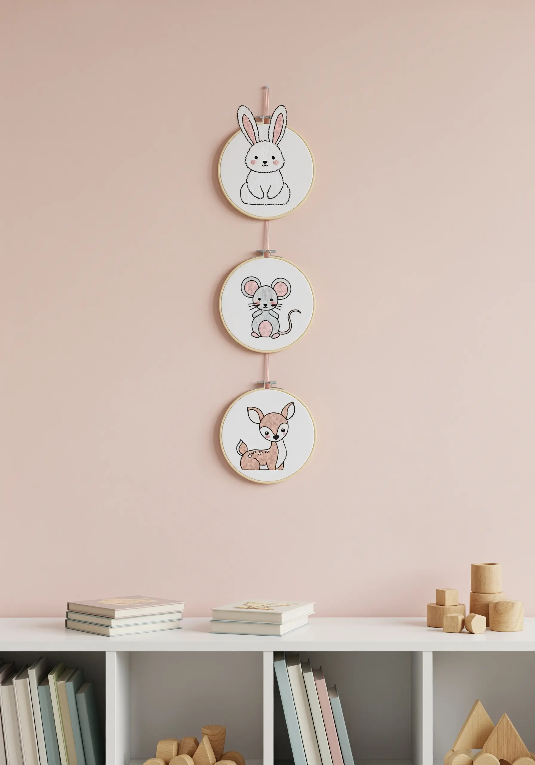 Vertically stacked embroidery hoops of a bunny, mouse, and deer for a nursery.