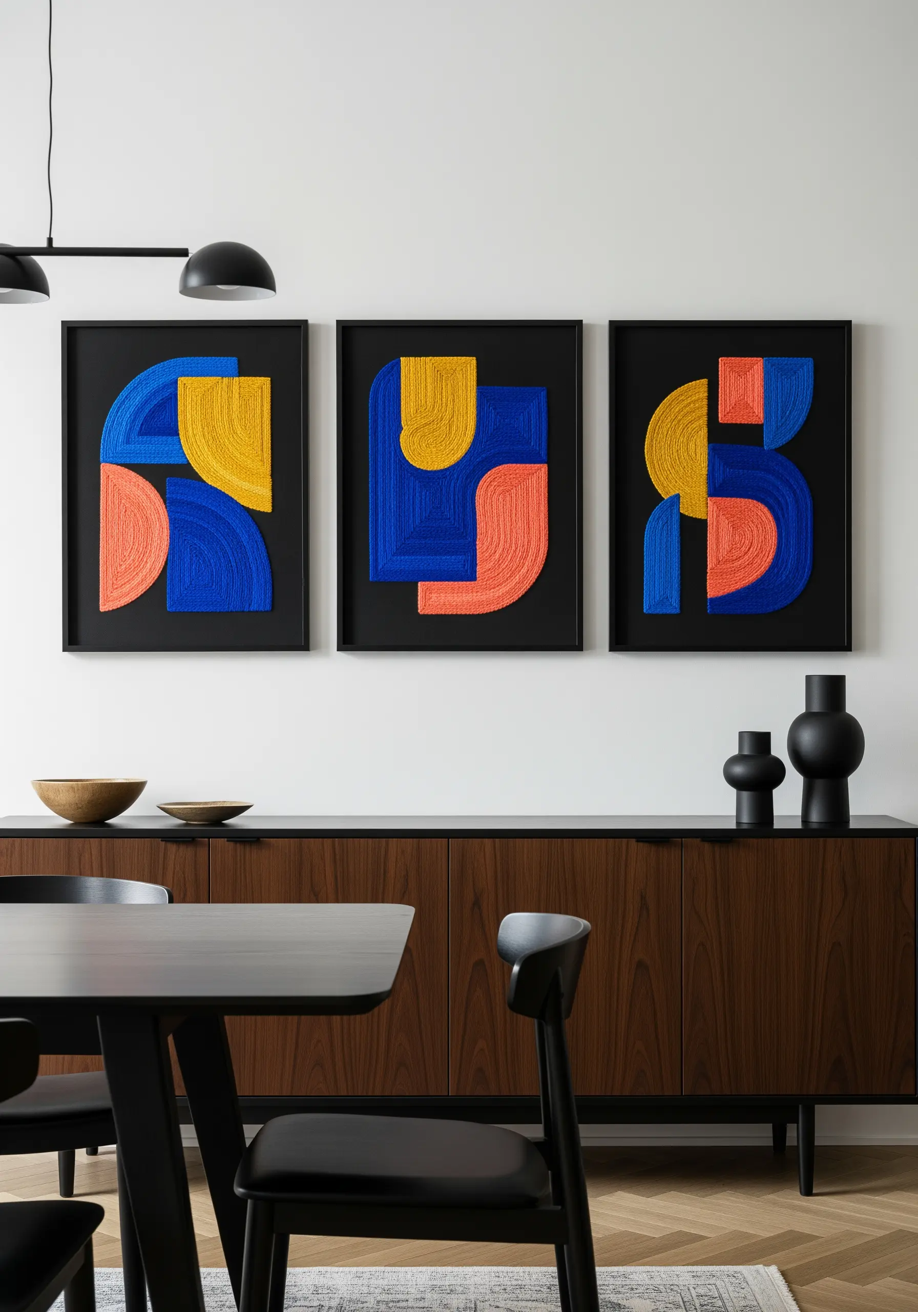 A triptych of abstract geometric embroidery in blue, yellow, and coral against a black background.