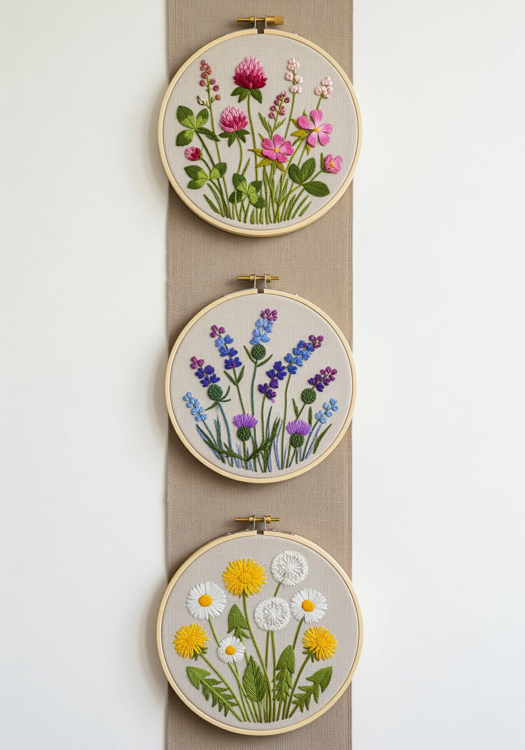 A vertical wall hanging displaying three separate embroidery hoops with different wildflower designs.