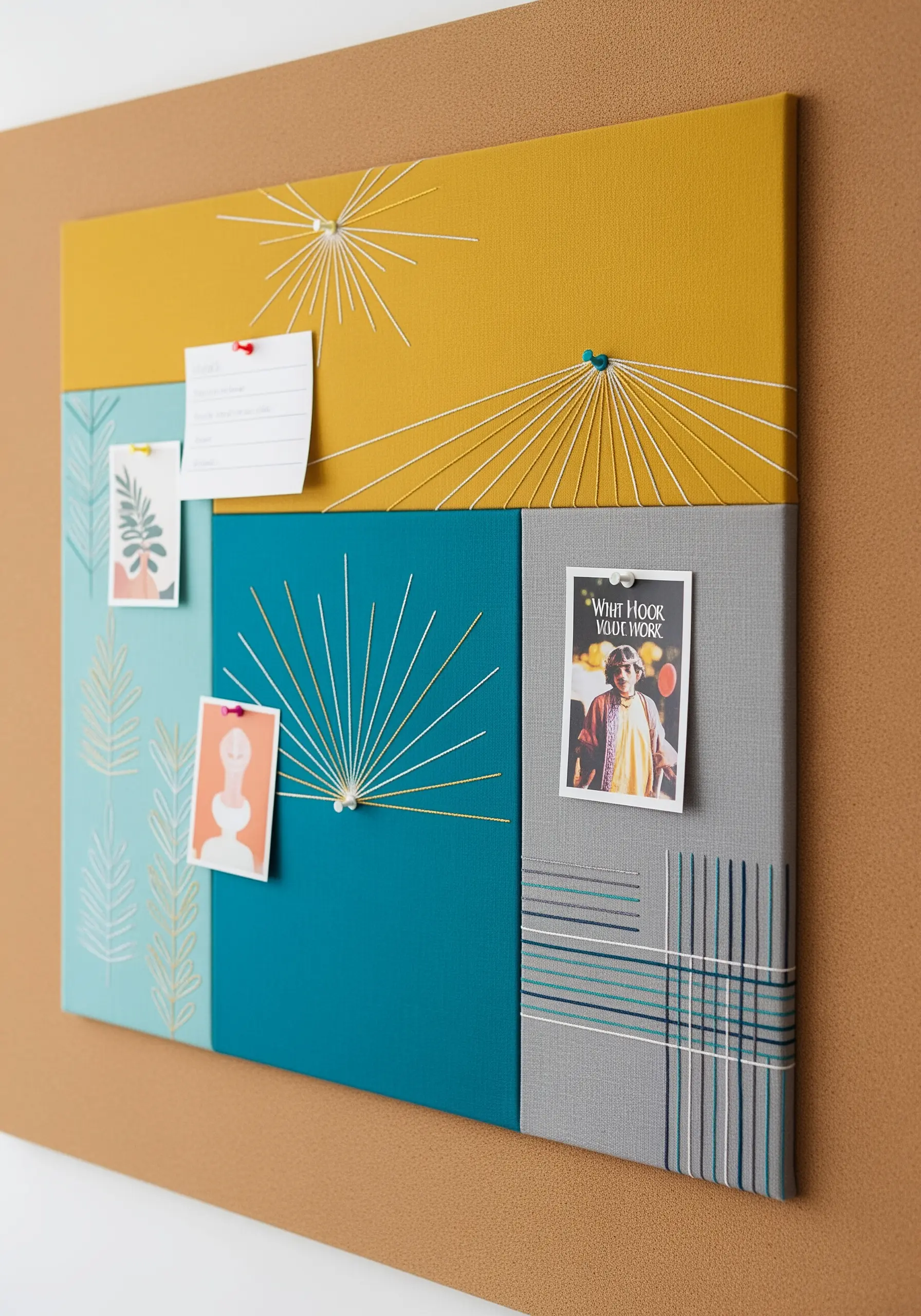 A color-blocked pinboard with geometric string art patterns.