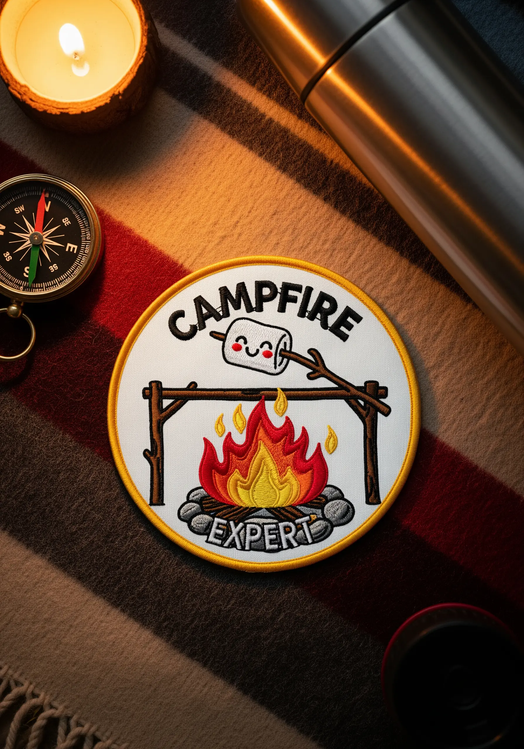 A circular embroidered patch with a cute marshmallow over a campfire and the words 'Campfire Expert'.