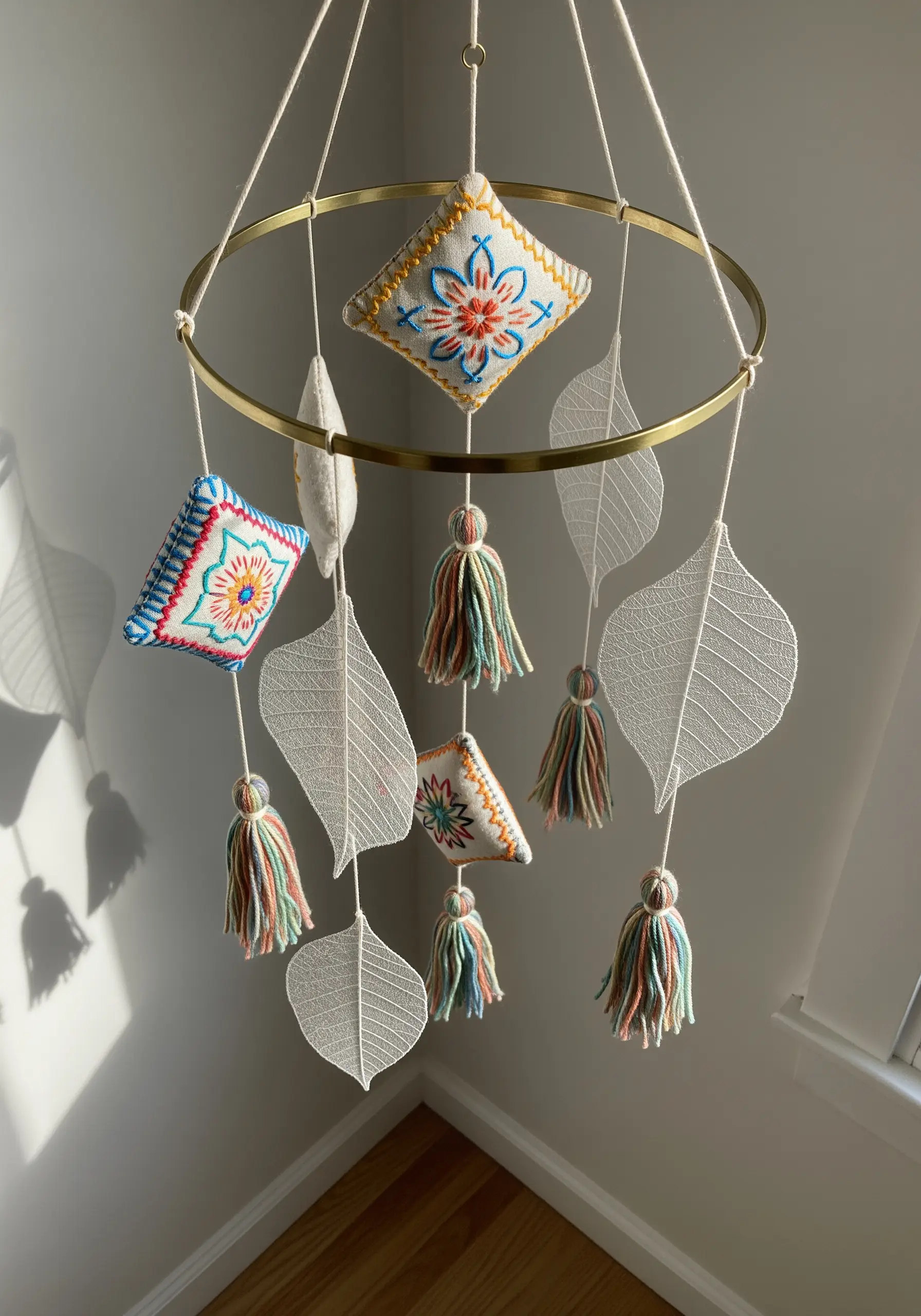 A modern mobile with small embroidered pillows, tassels, and skeleton leaves hanging from a gold ring.