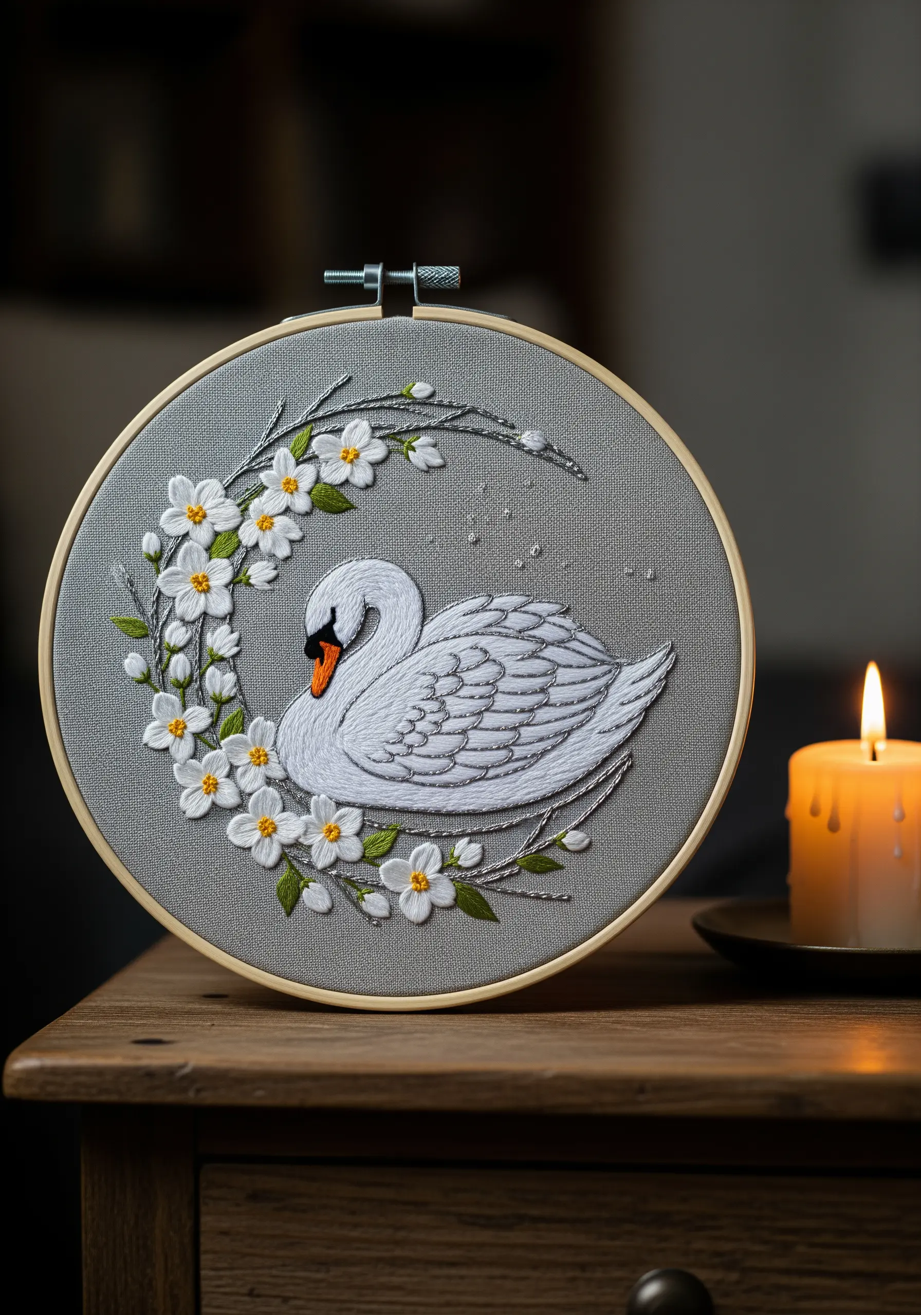 A sleeping swan nestled in a crescent-shaped wreath of white and yellow embroidered flowers.