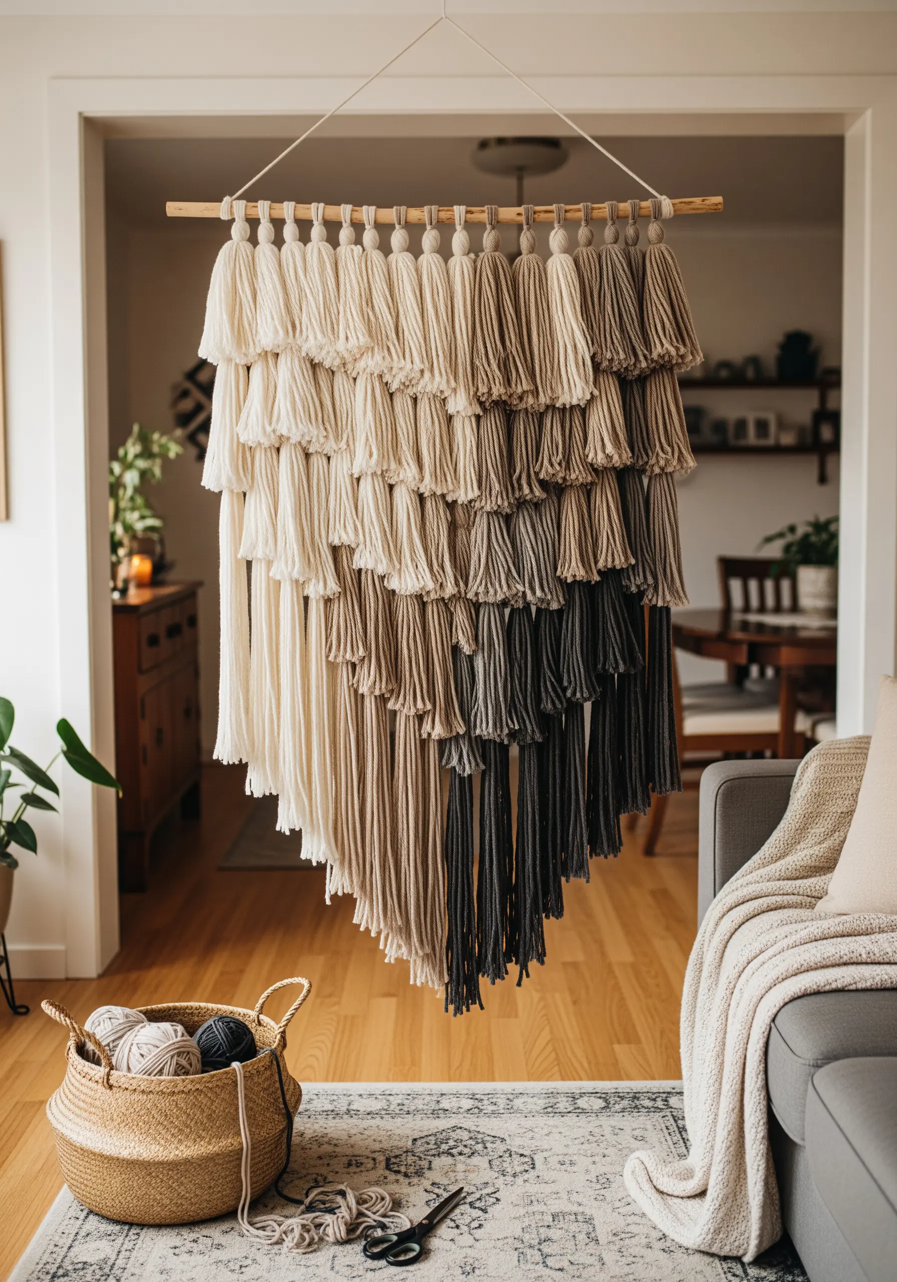 A large, V-shaped wall hanging made of tassels with a cream-to-charcoal ombre effect.