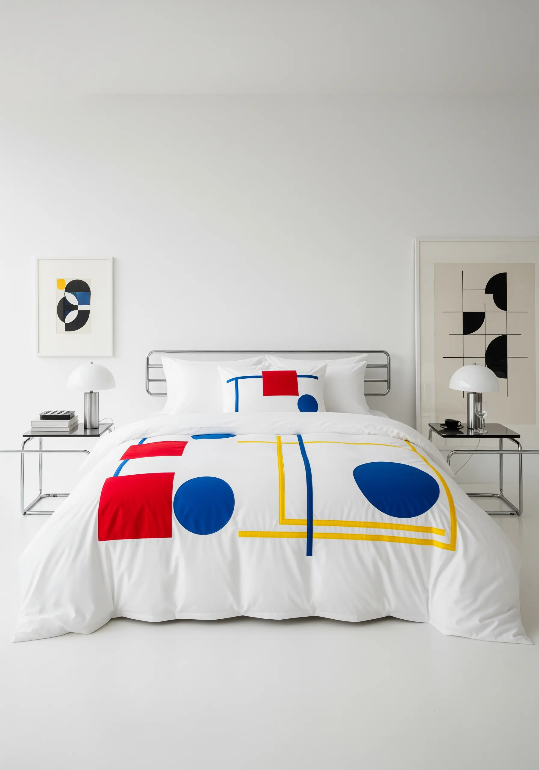 A white duvet cover with a geometric, Mondrian-inspired design in red, blue, and yellow.