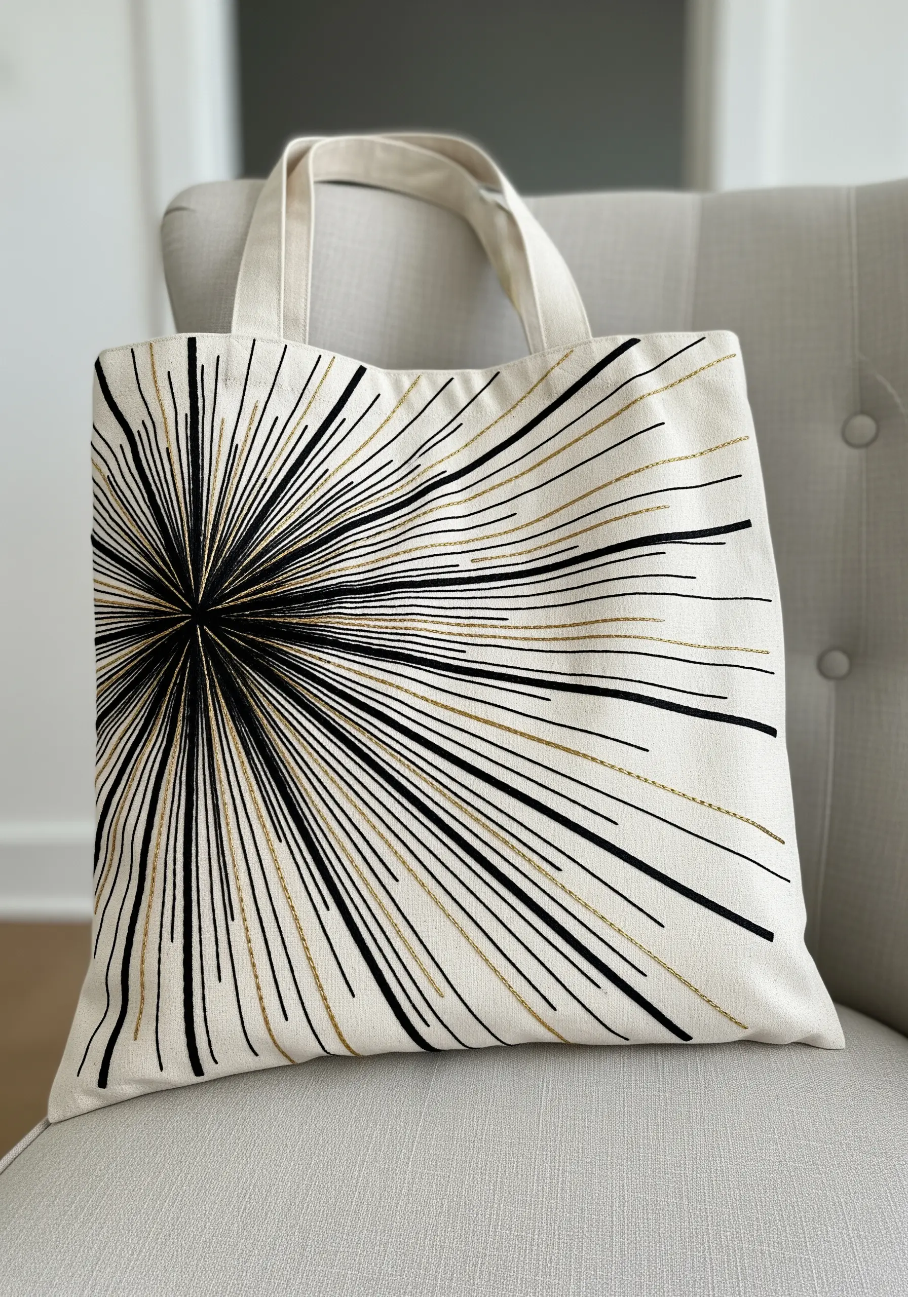 An explosive starburst pattern in black and gold radiating stitches on a canvas tote.