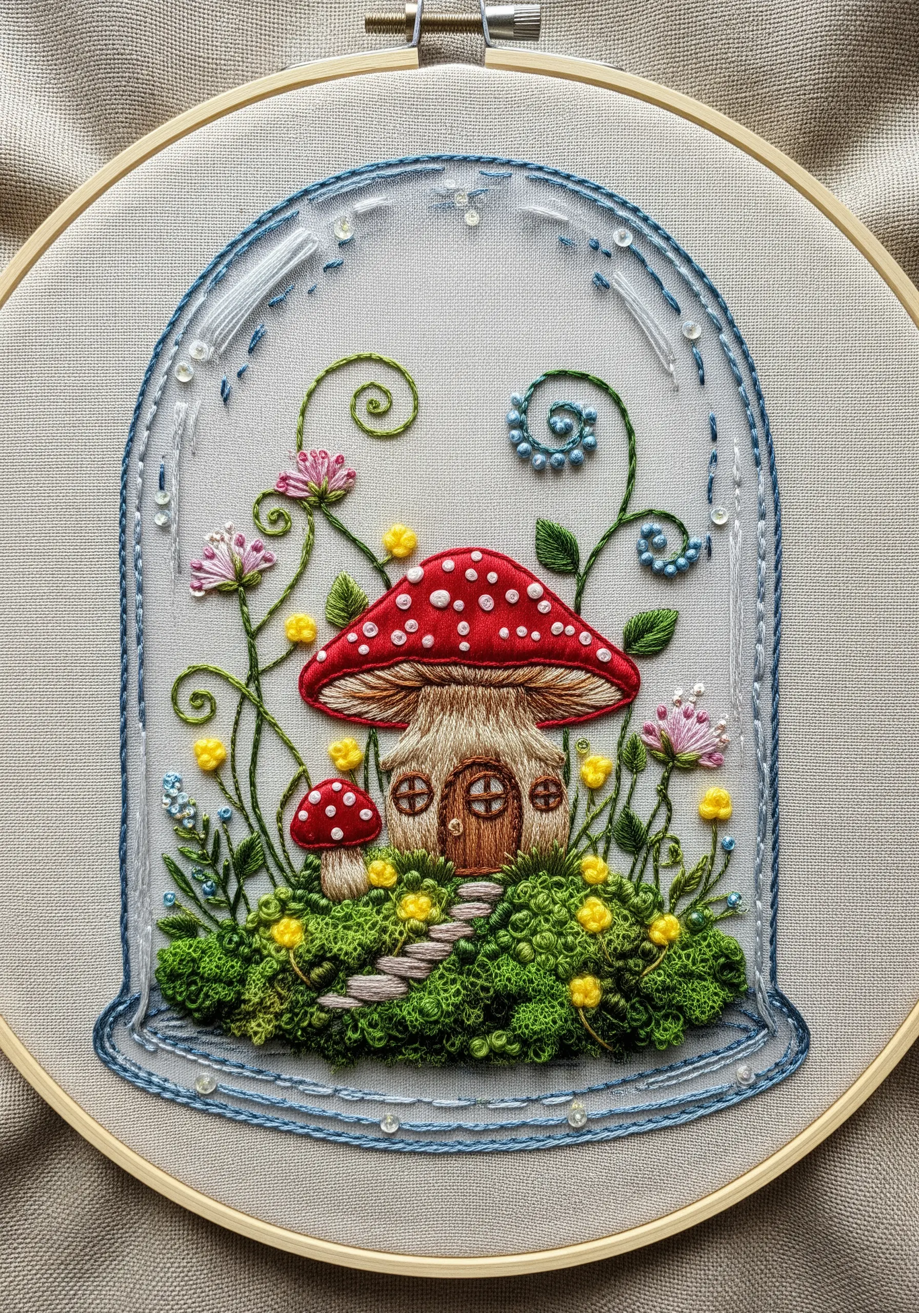 Whimsical embroidery of a mushroom house inside a glass cloche with flowers