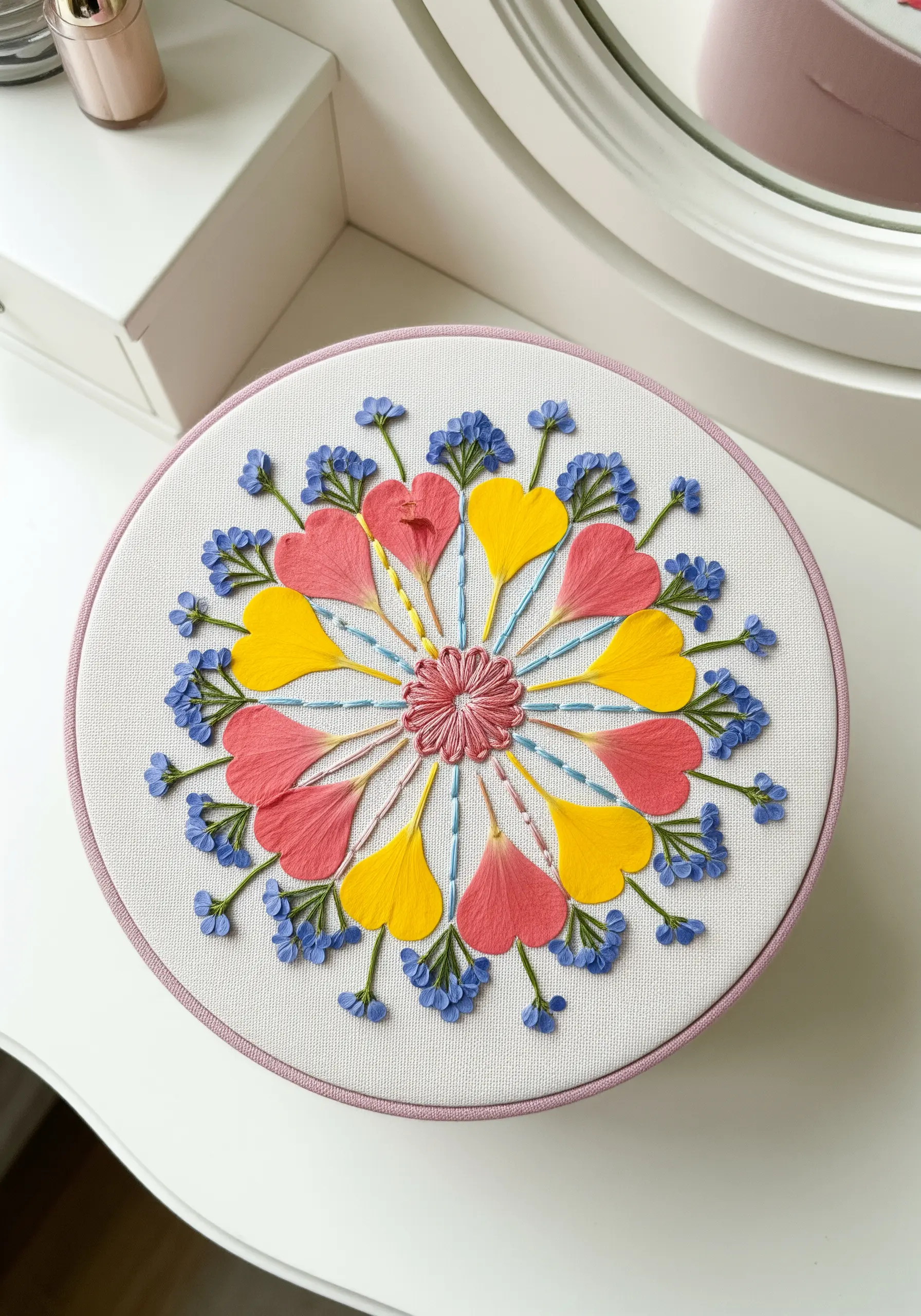 A floral mandala made of pressed petals, beads, and embroidery in a round hoop.