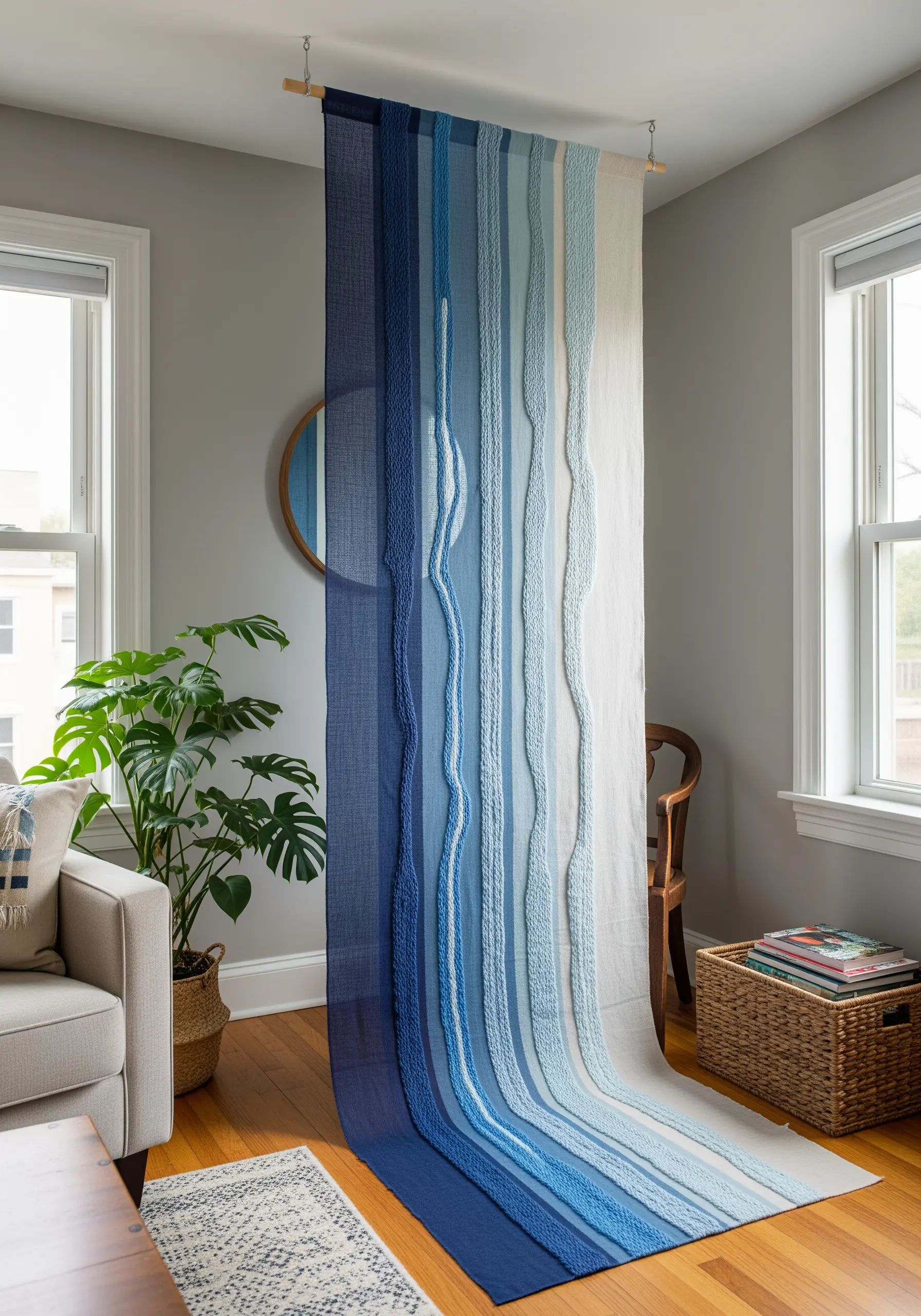 A floor-to-ceiling fabric wall hanging with vertical blue textural waves.