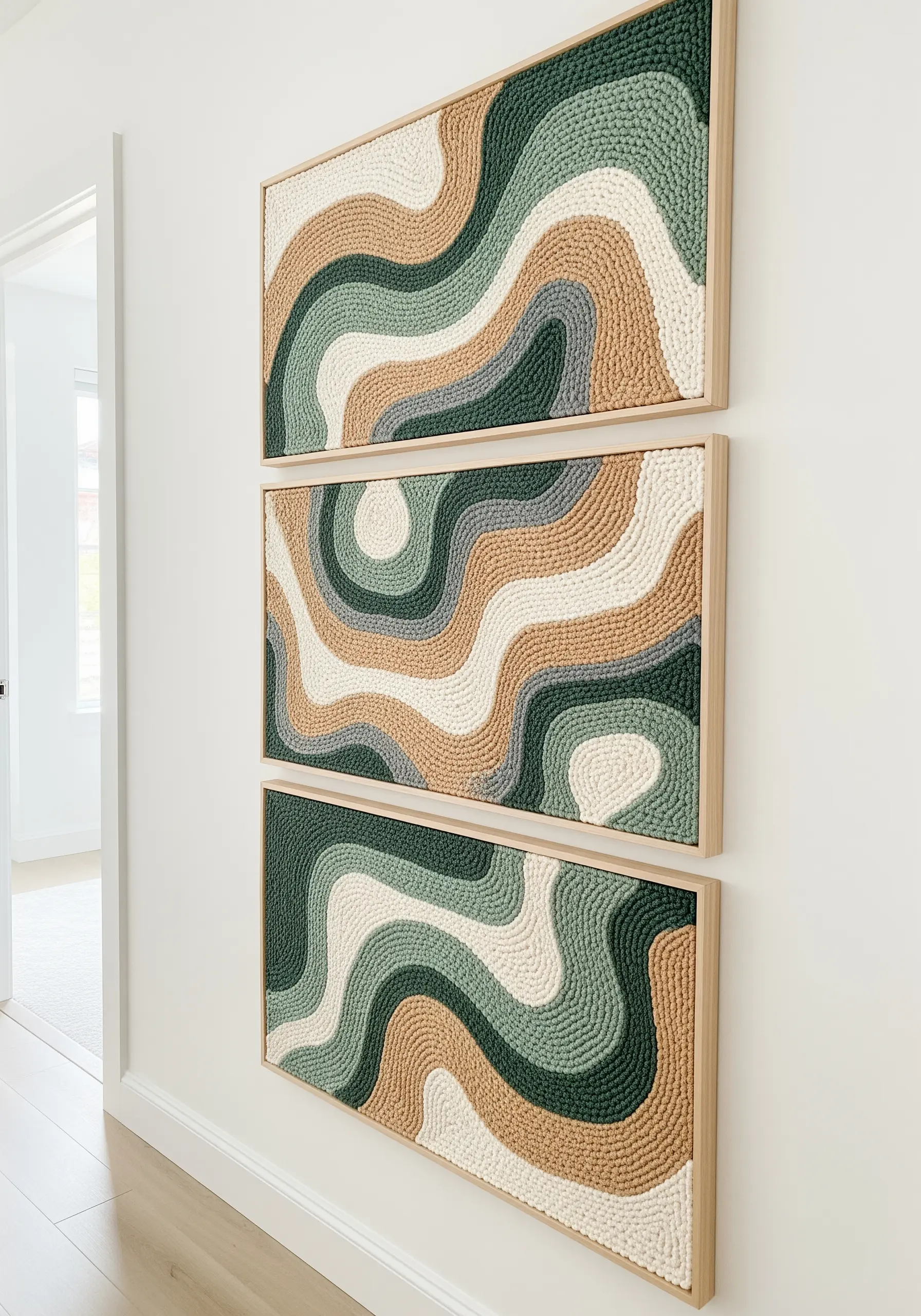 A set of three framed punch needle art pieces with flowing abstract lines in neutral tones.