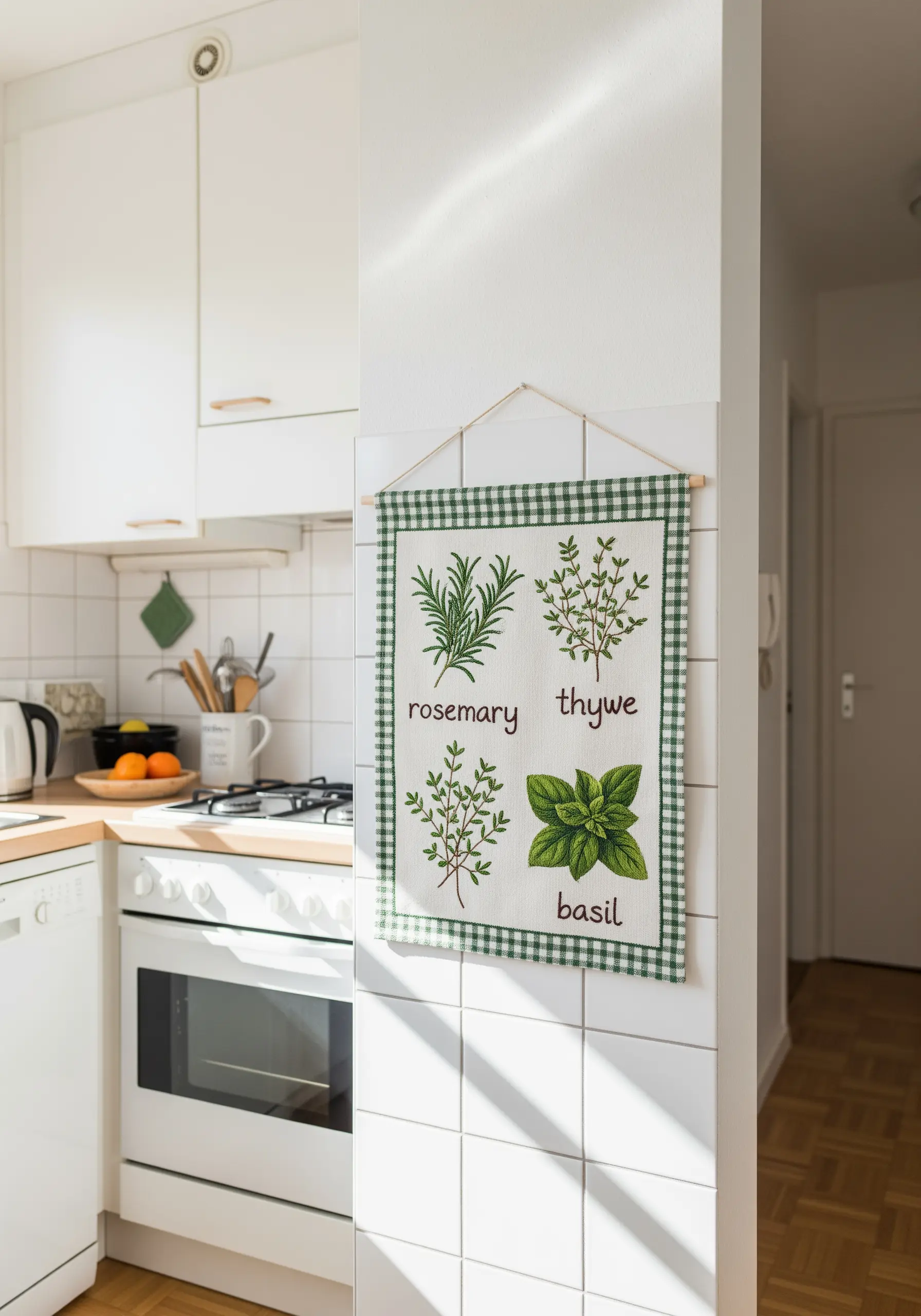 An embroidered kitchen wall hanging with illustrations of rosemary, thyme, and basil.