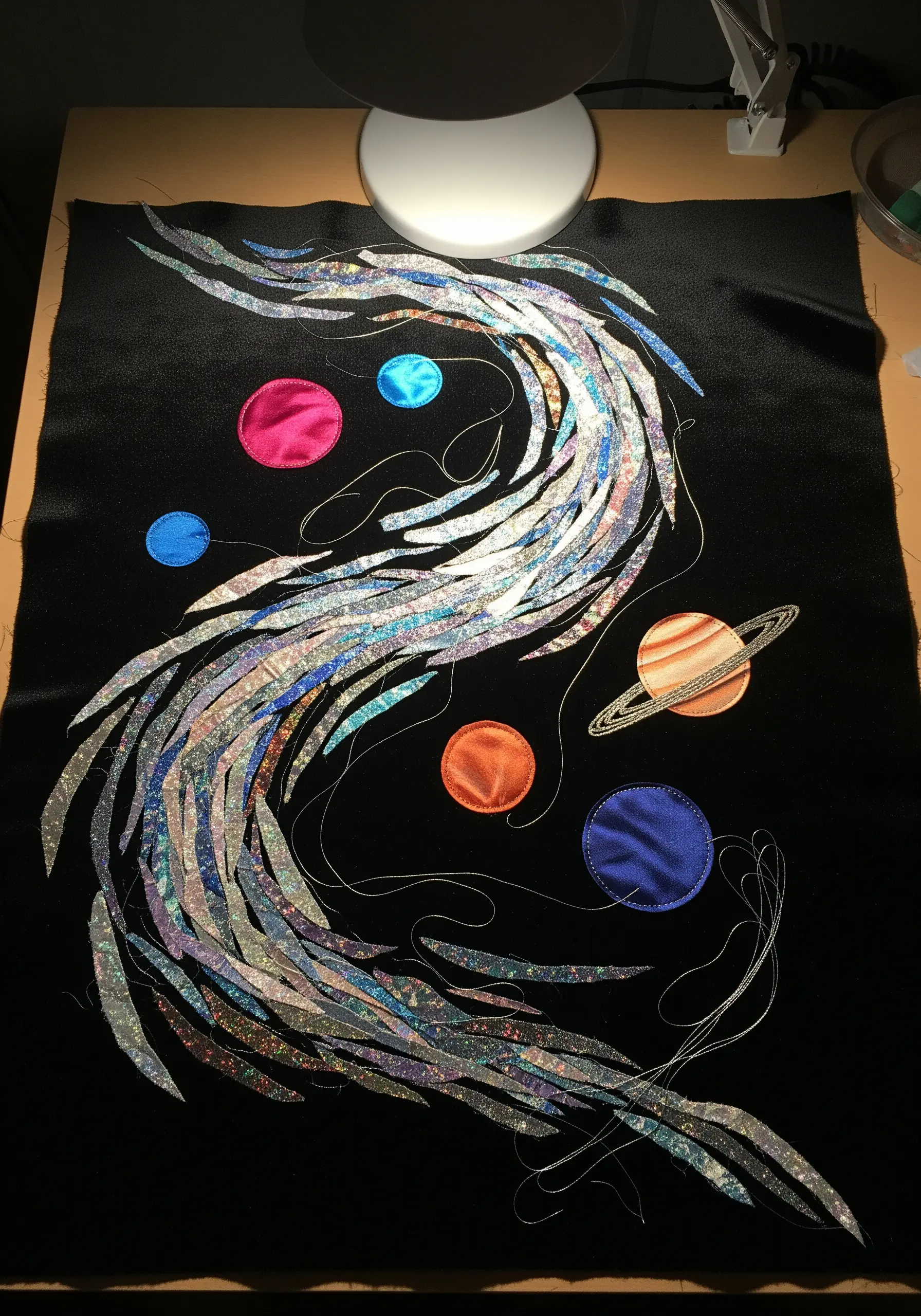 A fabric collage of a swirling galaxy made with iridescent fabrics, with satin-stitched planets.