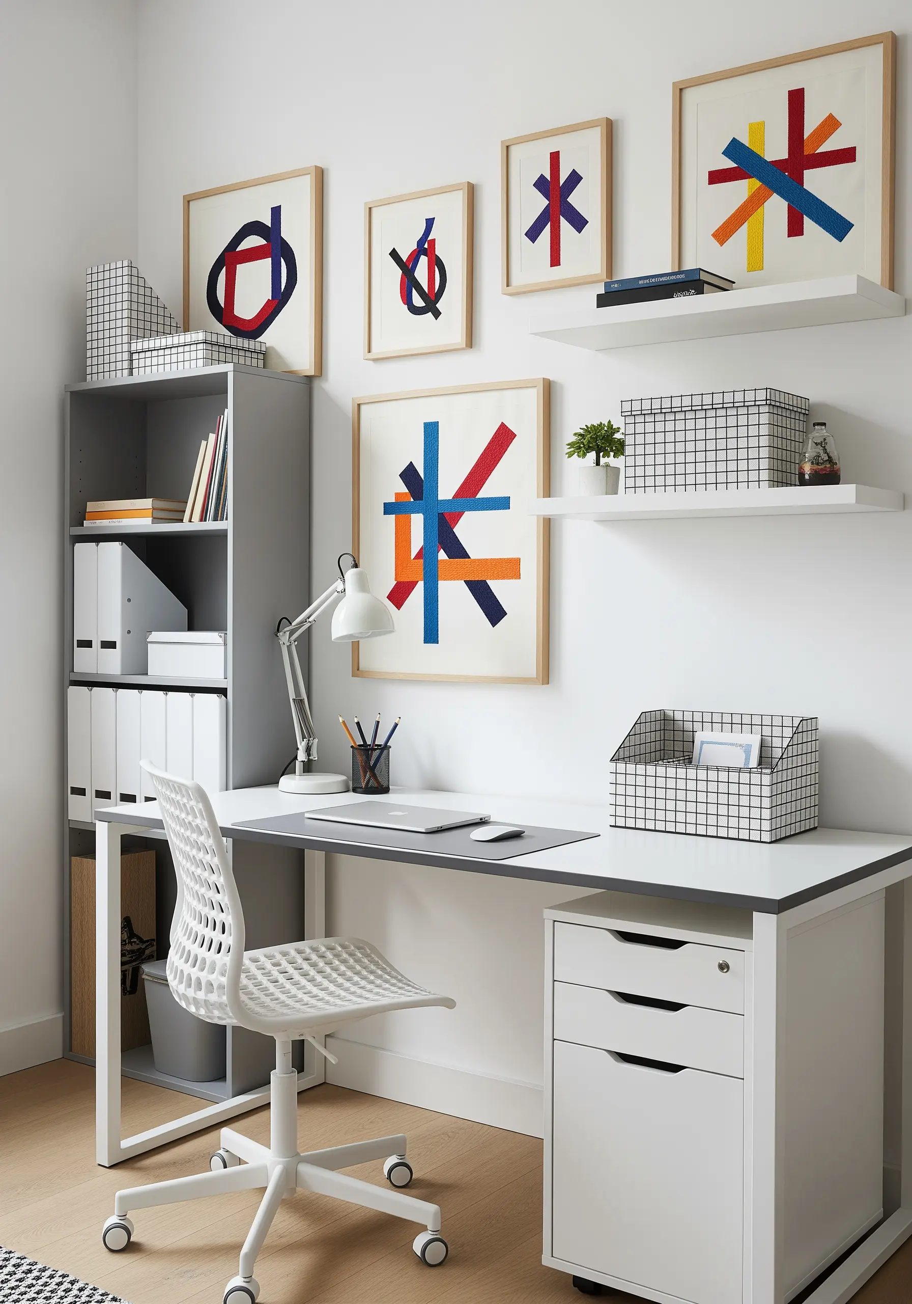 A gallery wall of framed abstract art made with overlapping colored ribbons on neutral fabric.