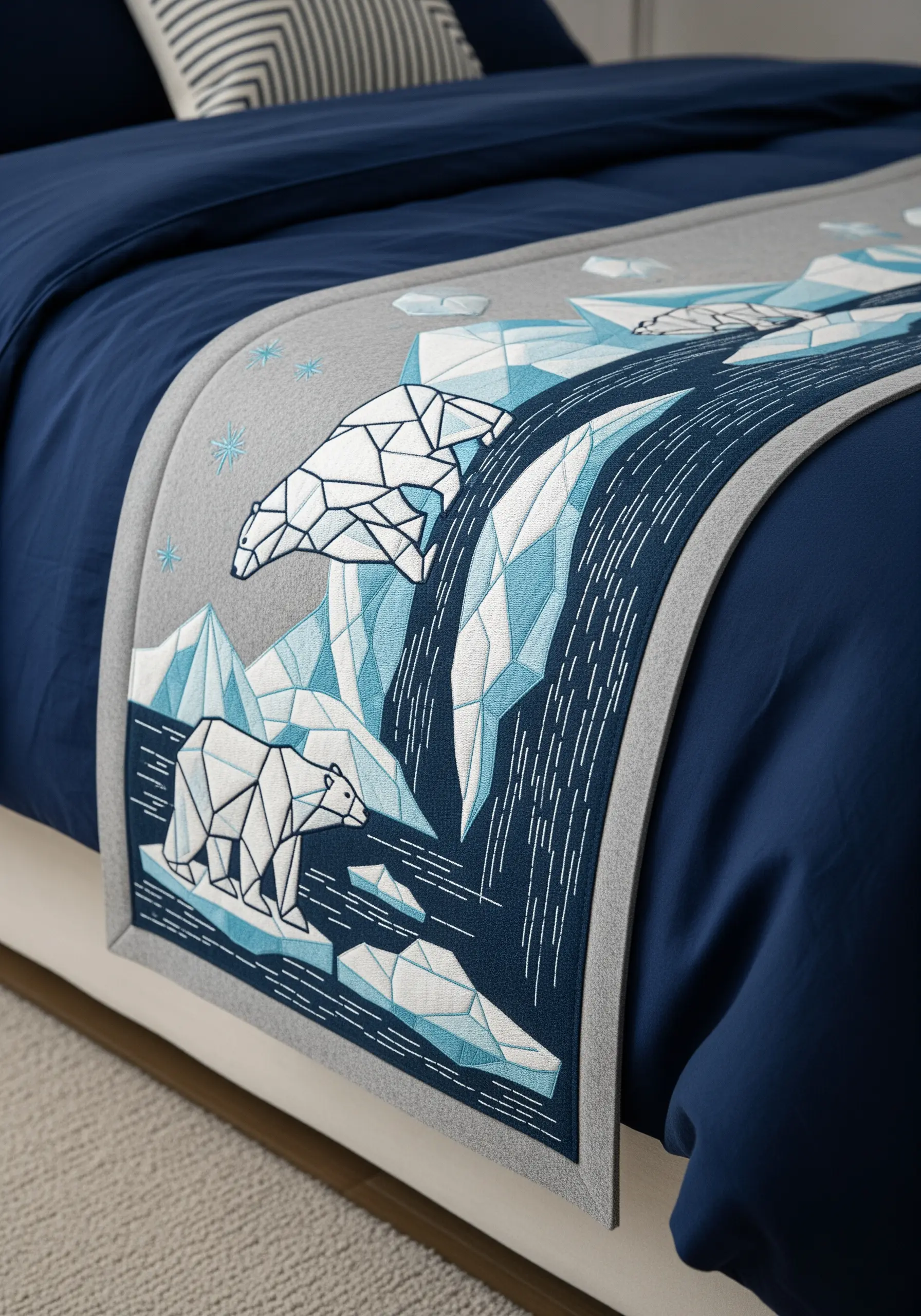 A grey bed runner with a geometric embroidery design of polar bears and icebergs in blue and white.