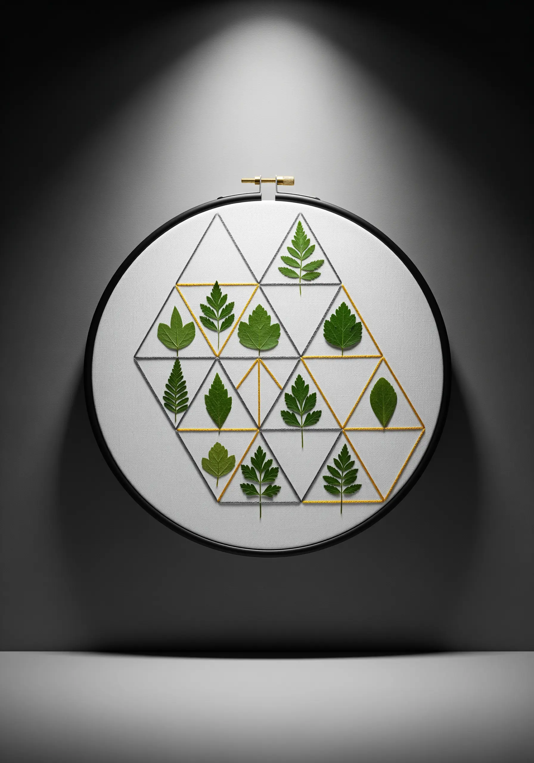 A geometric grid of stitched gold triangles, each containing a single small pressed green leaf.