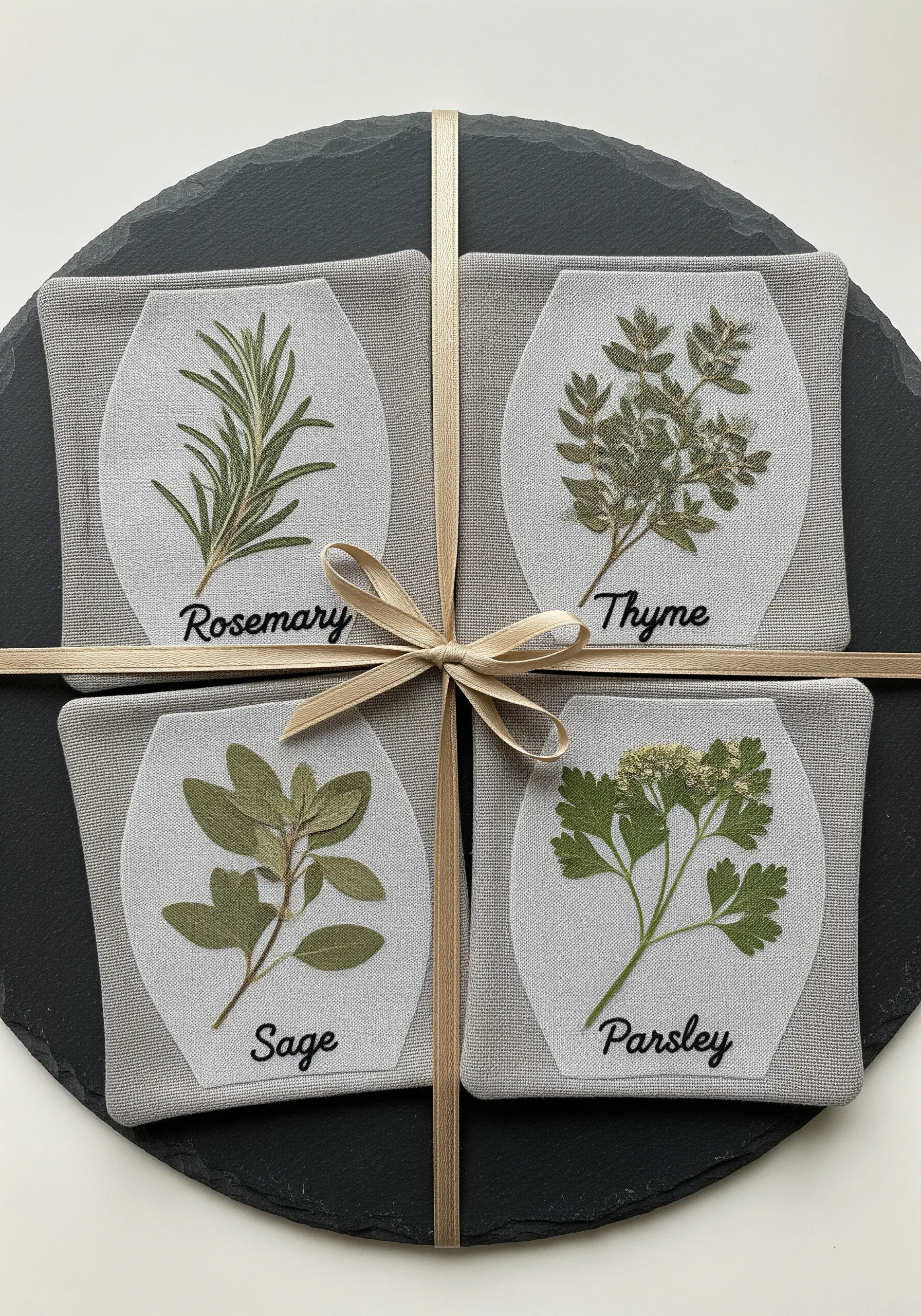 A gift set of four herb sachets, each featuring a pressed herb and a stitched label.