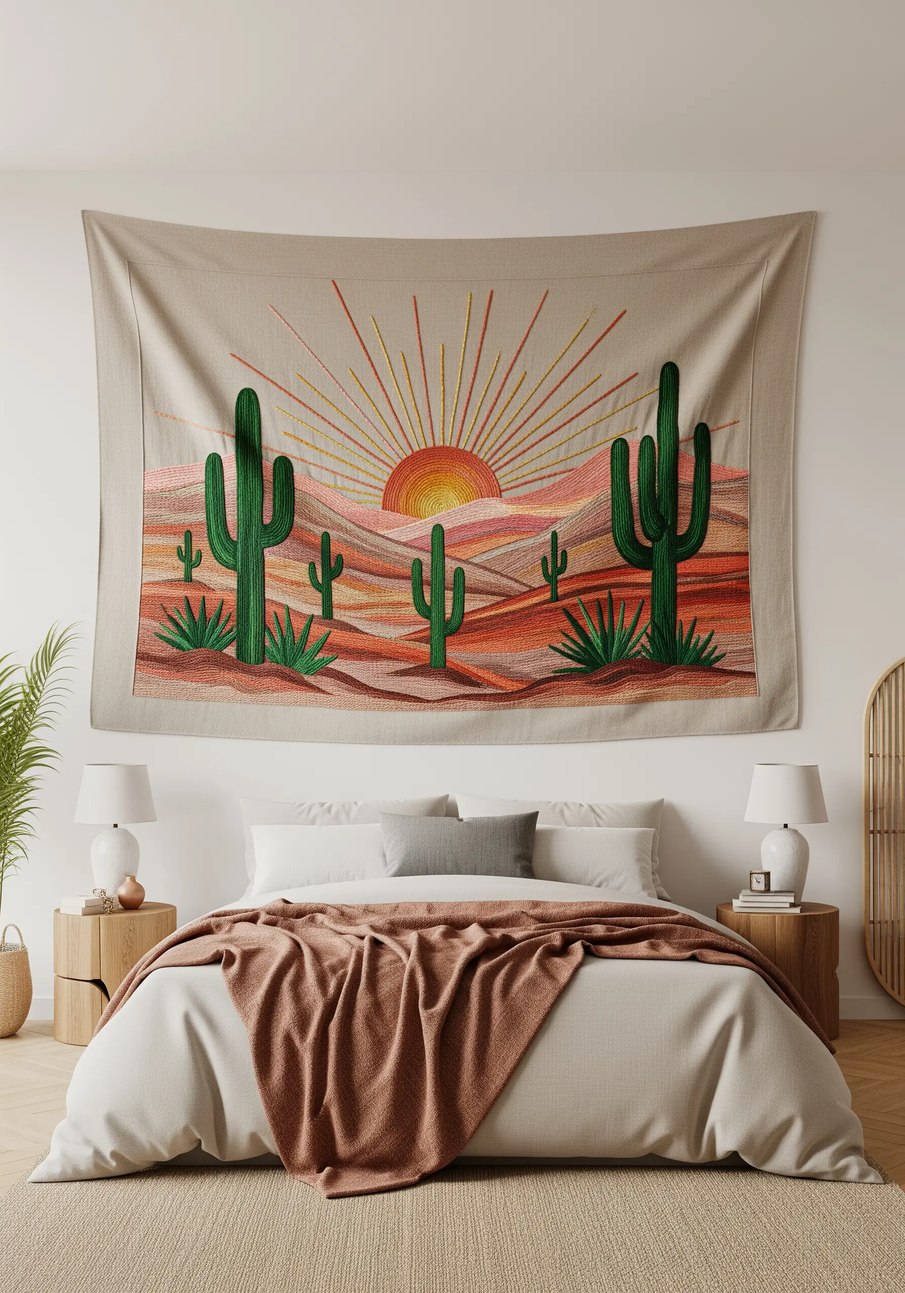 A large embroidered wall tapestry of a desert scene with cacti and a setting sun.