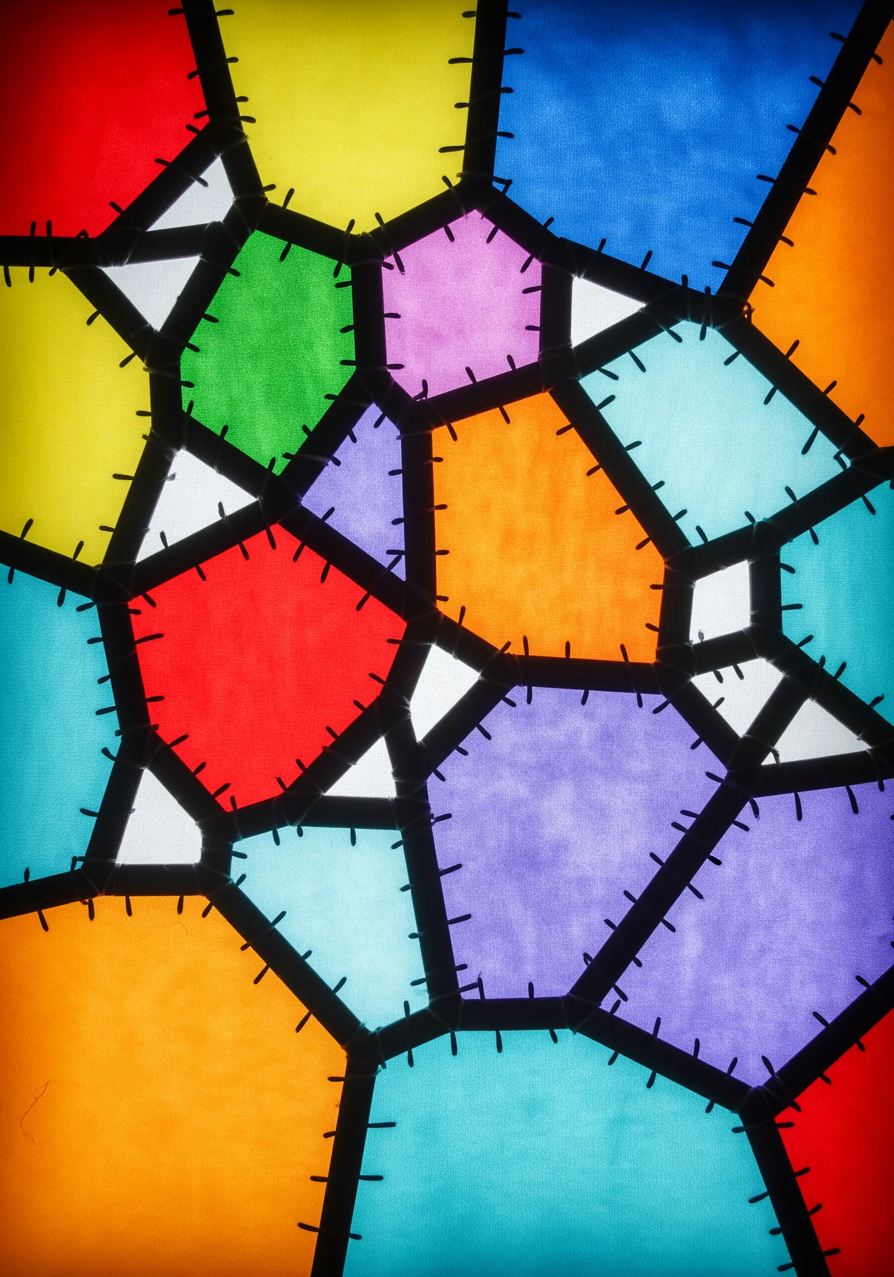 A fabric collage that mimics stained glass, with vibrant color pieces separated by black fabric 'lead' lines.