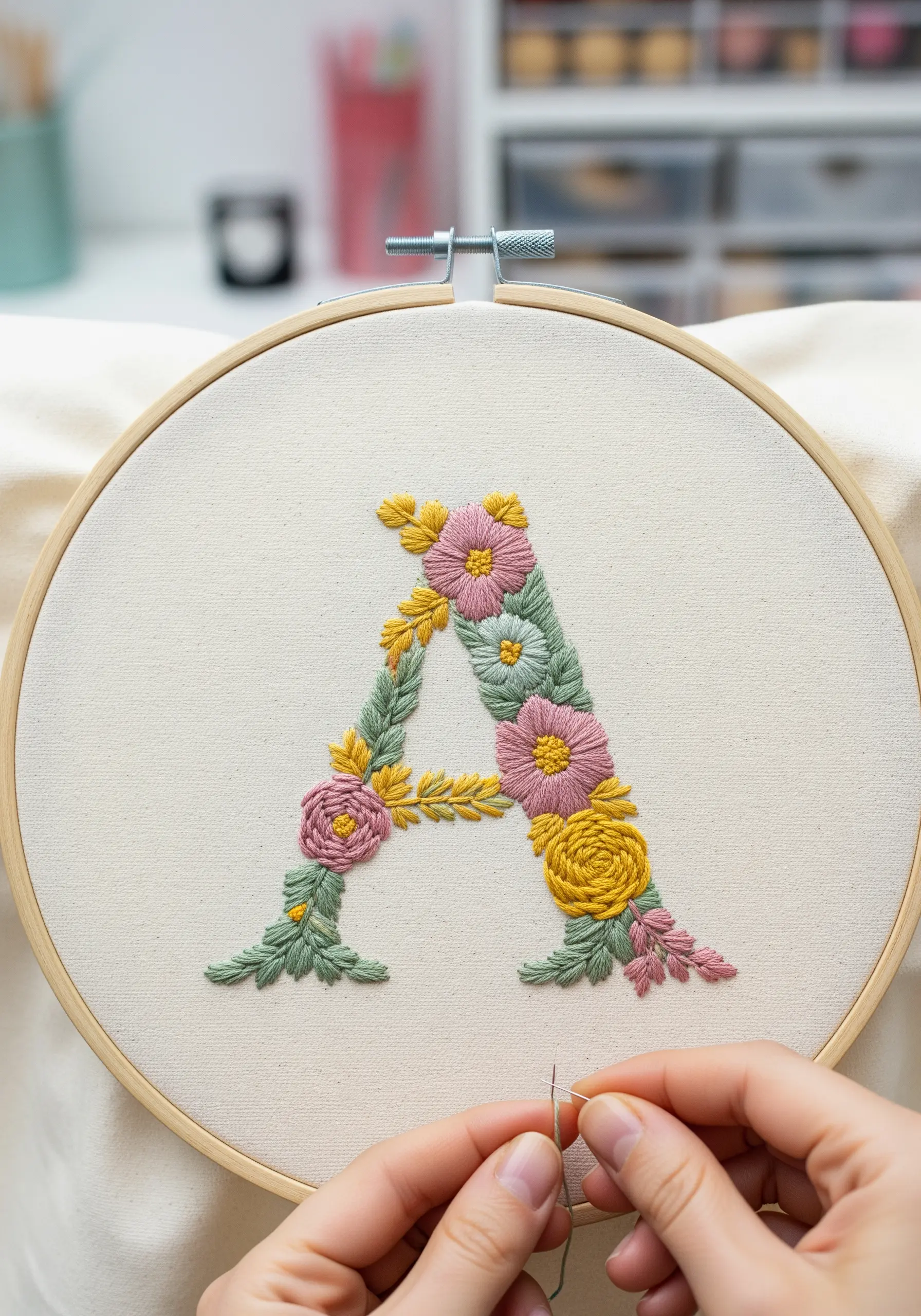 A floral letter 'A' being embroidered with pink, yellow, and green flowers