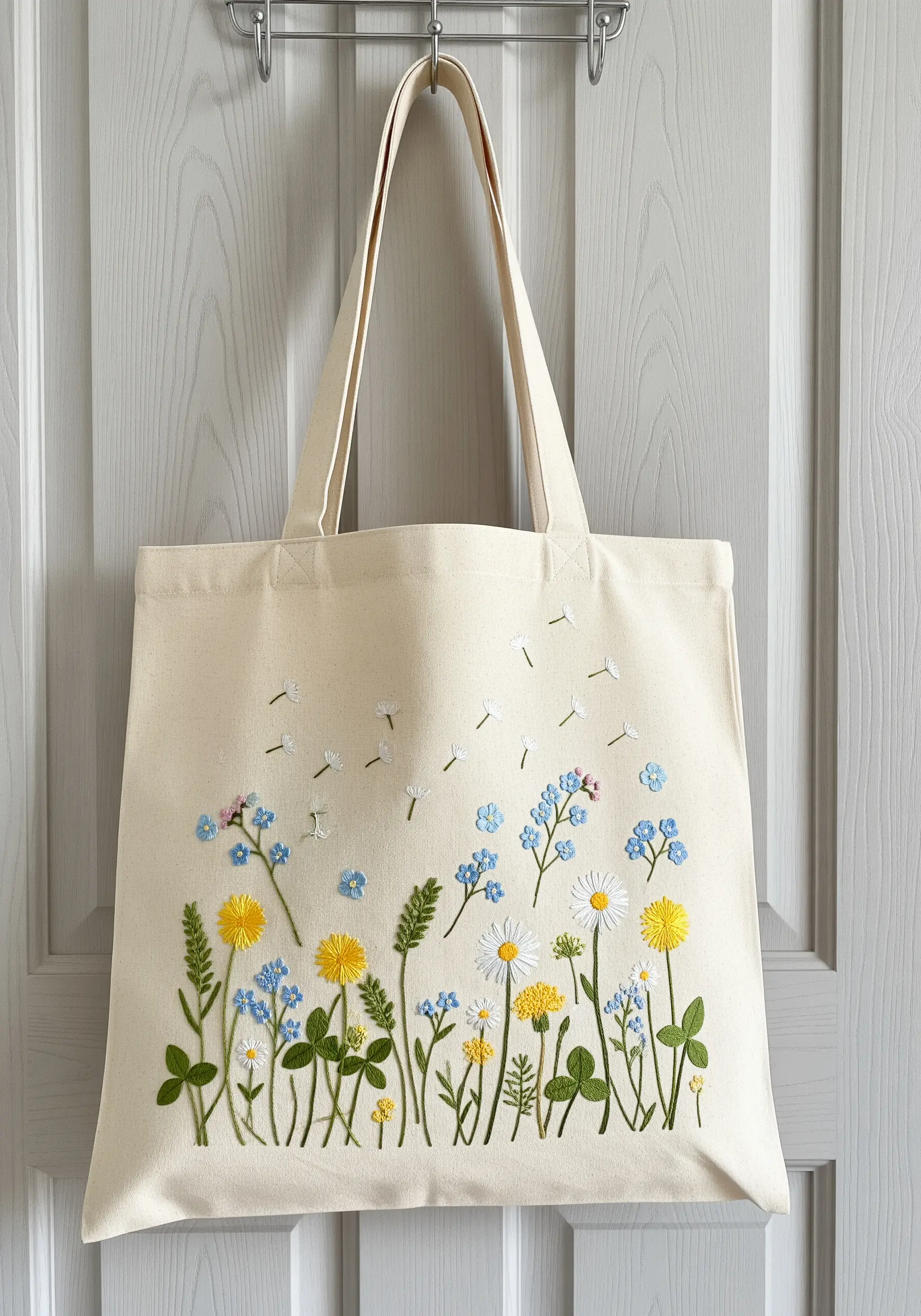 A canvas tote bag embroidered with a delicate wildflower meadow scene.