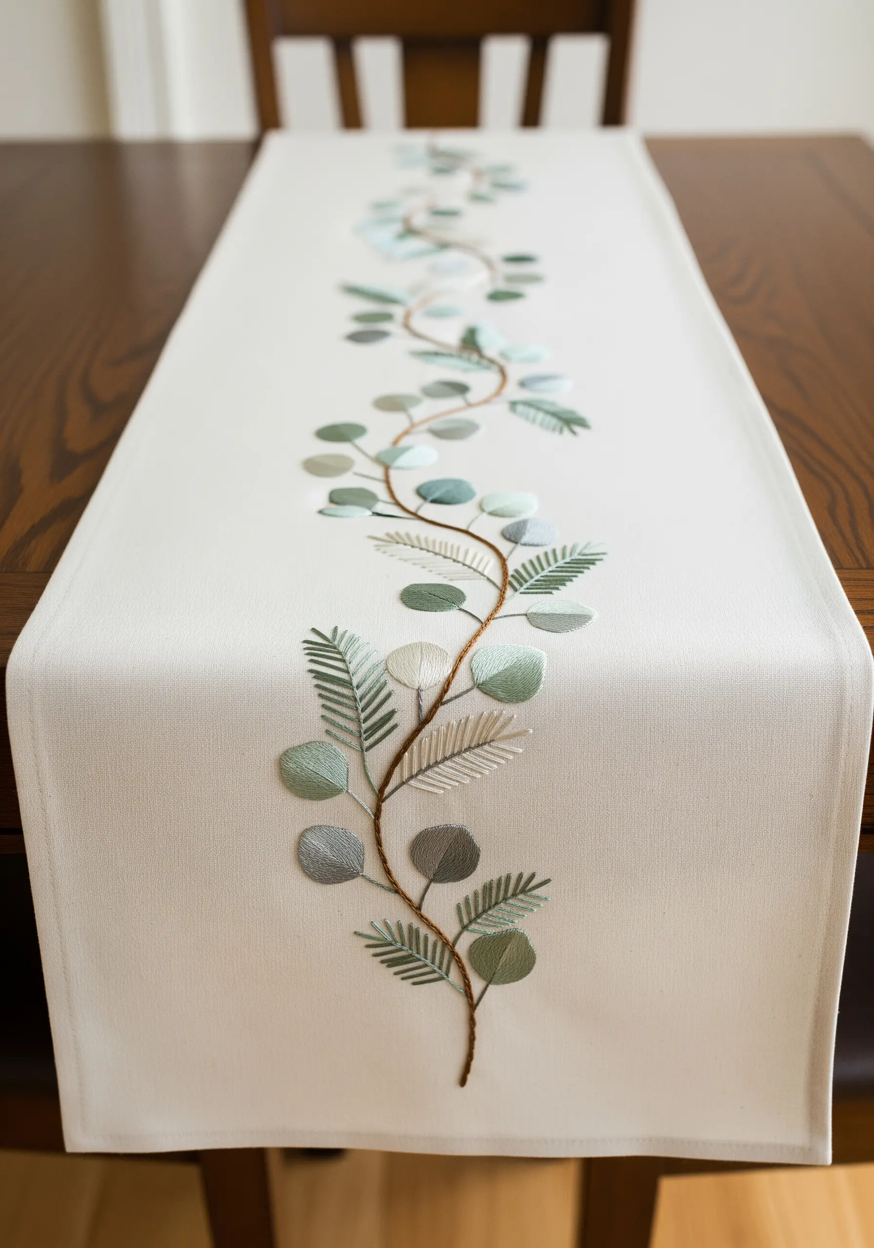 A cream table runner with an embroidered eucalyptus vine using dusty green and gray threads.