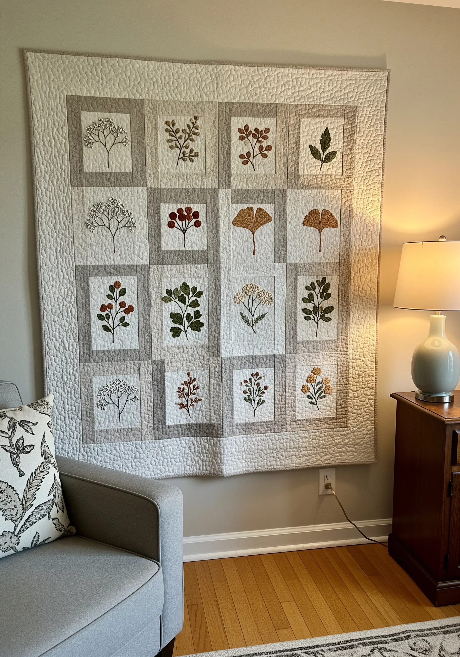 A modern quilt hanging on a wall, with each block featuring a different embroidered botanical.