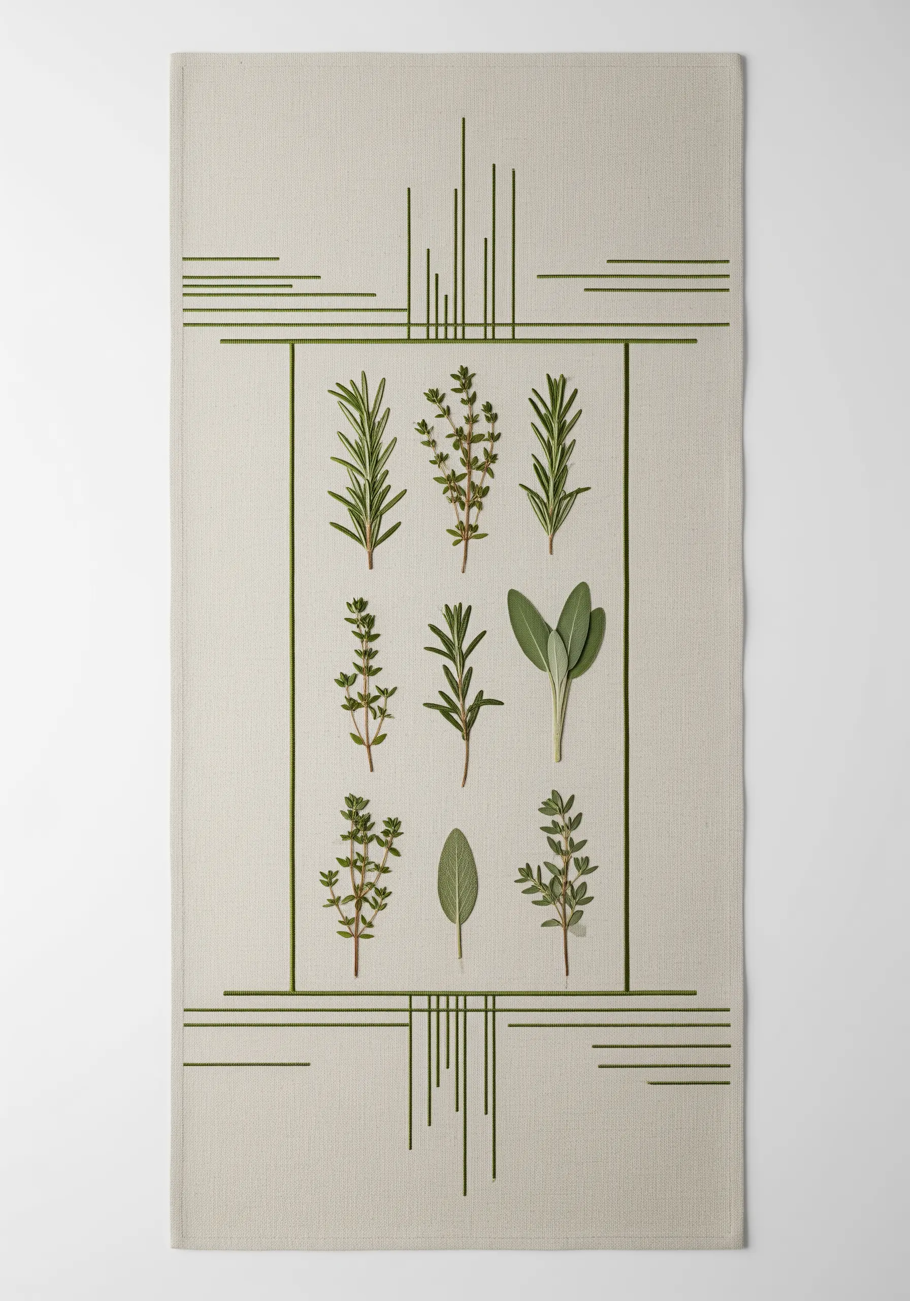 Pressed herbs arranged in a grid on a tea towel, framed with modern green line embroidery.