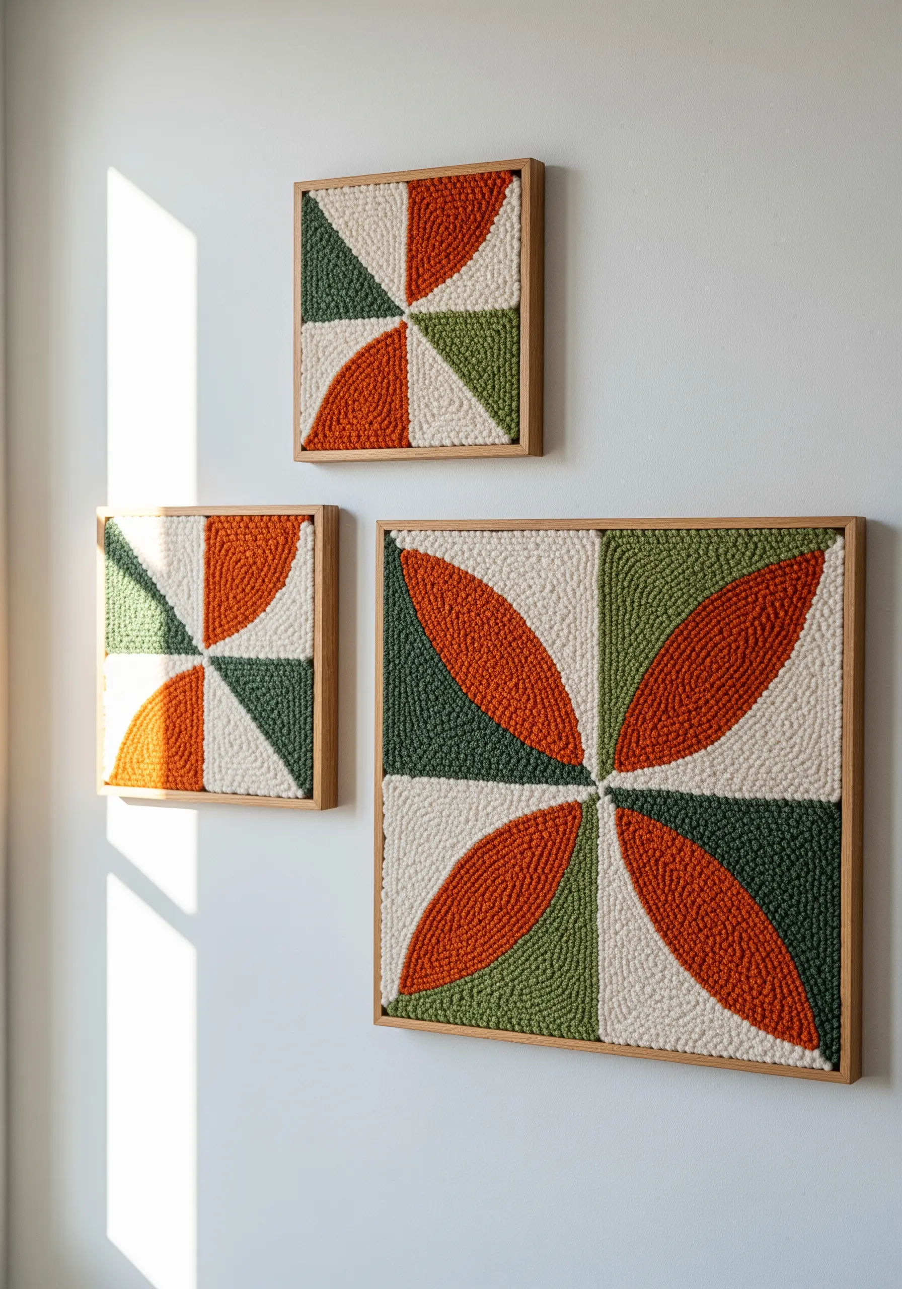 A gallery wall of three framed punch needle pieces with a matching geometric pattern.