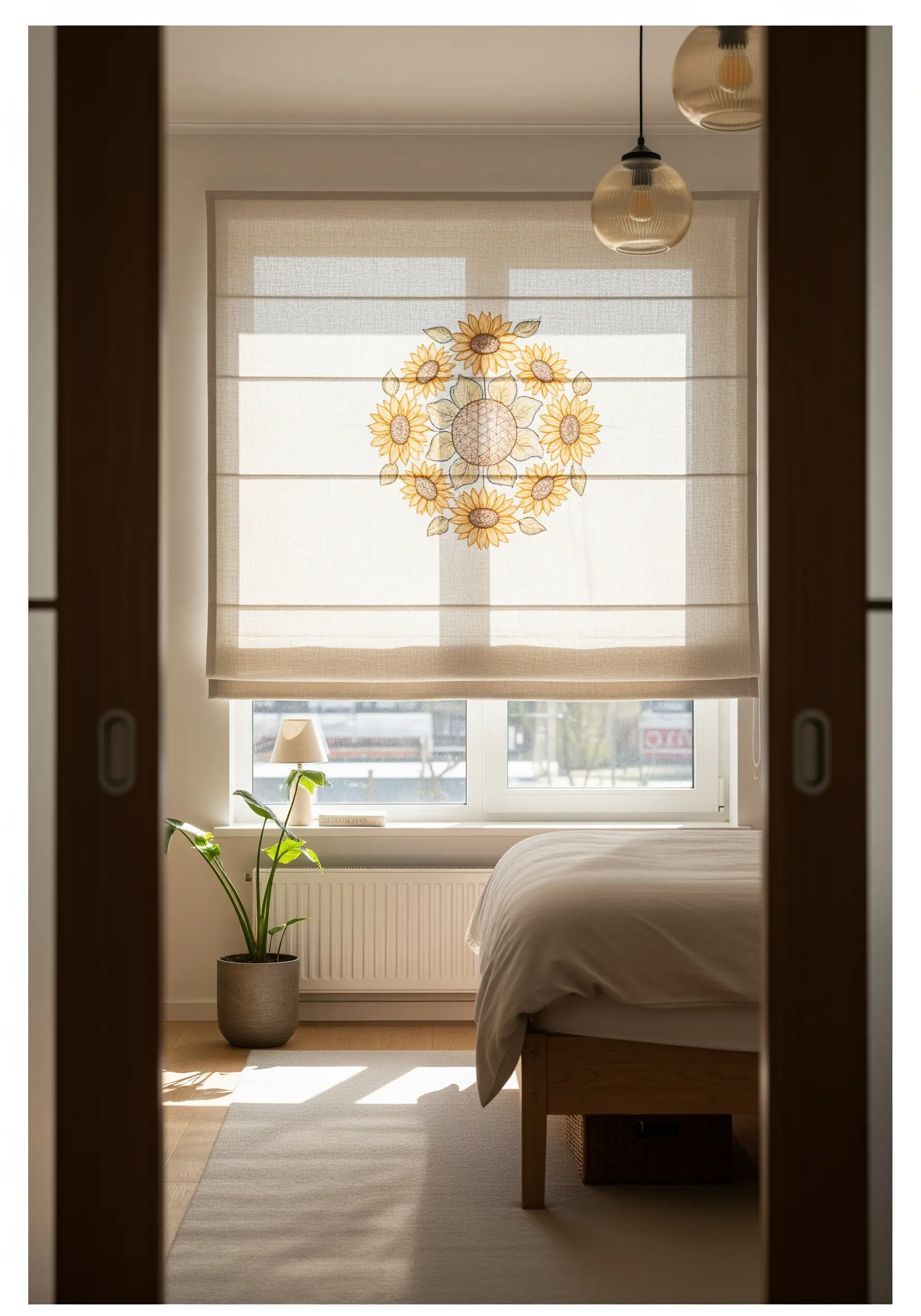 A sunflower wreath motif embroidered on a neutral-colored Roman blind in a bright bedroom.