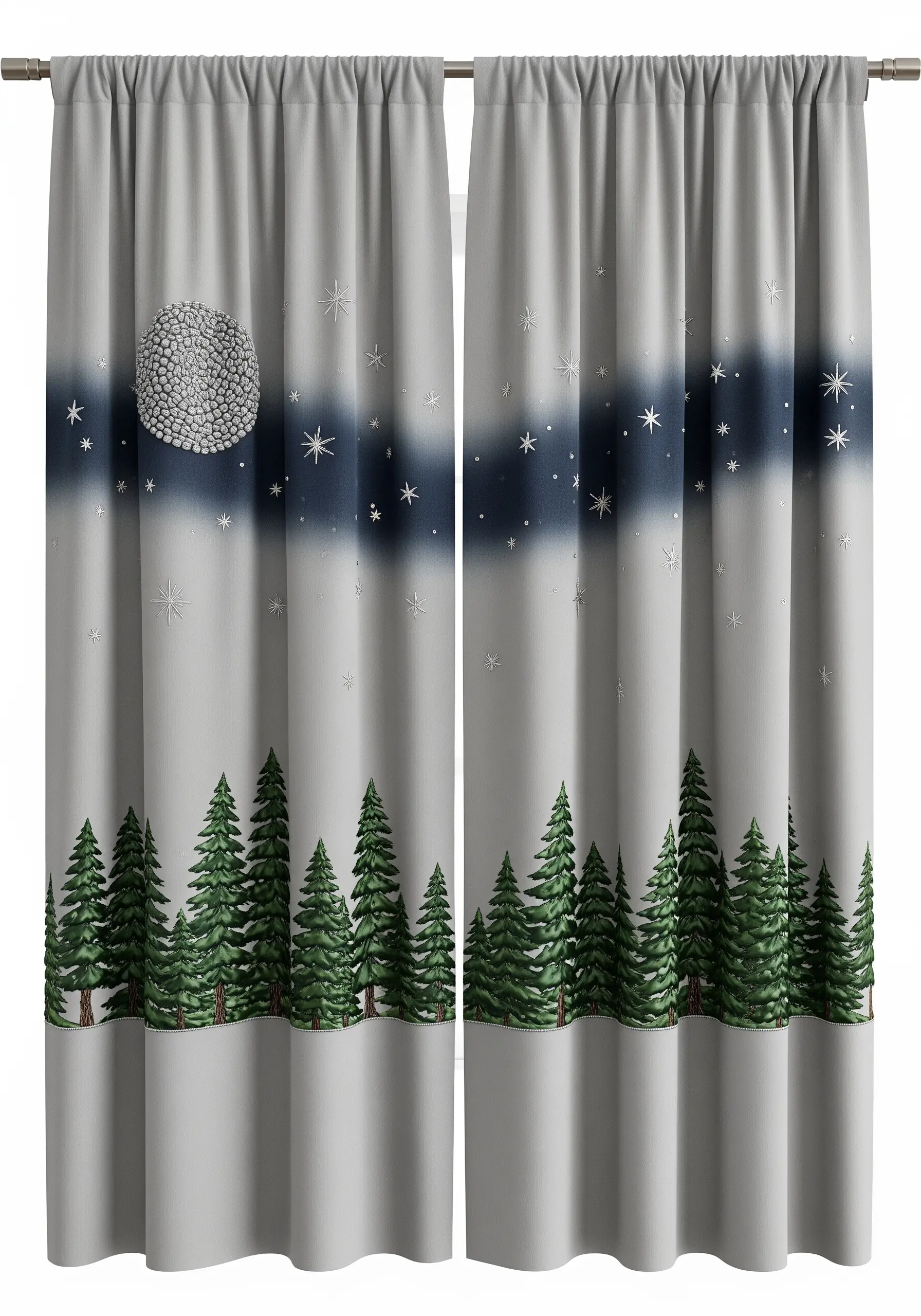 A forest of pine trees embroidered on grey curtains under a starry night sky.