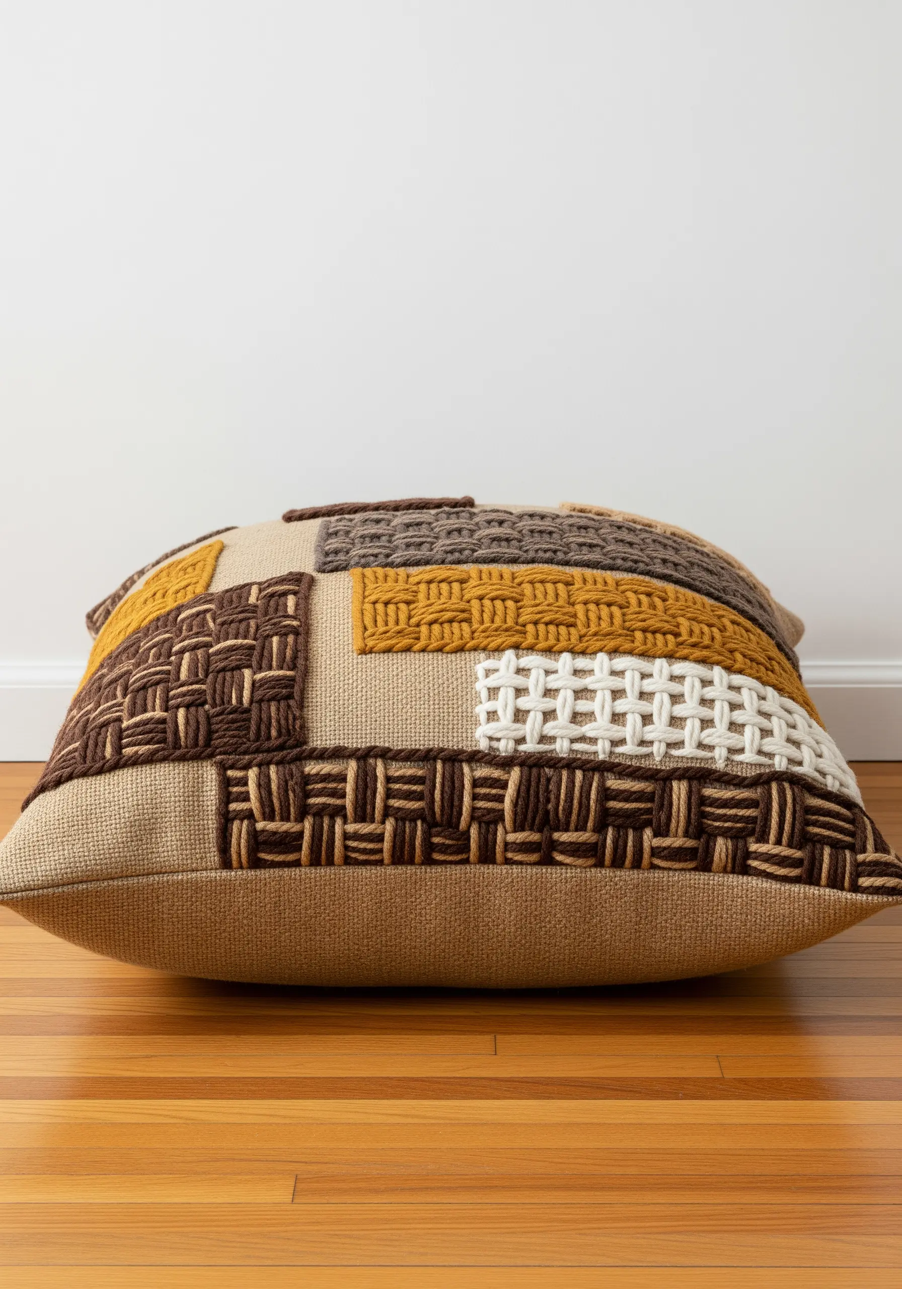 An earth-toned pillow with square patches filled with different hand-woven stitch patterns.