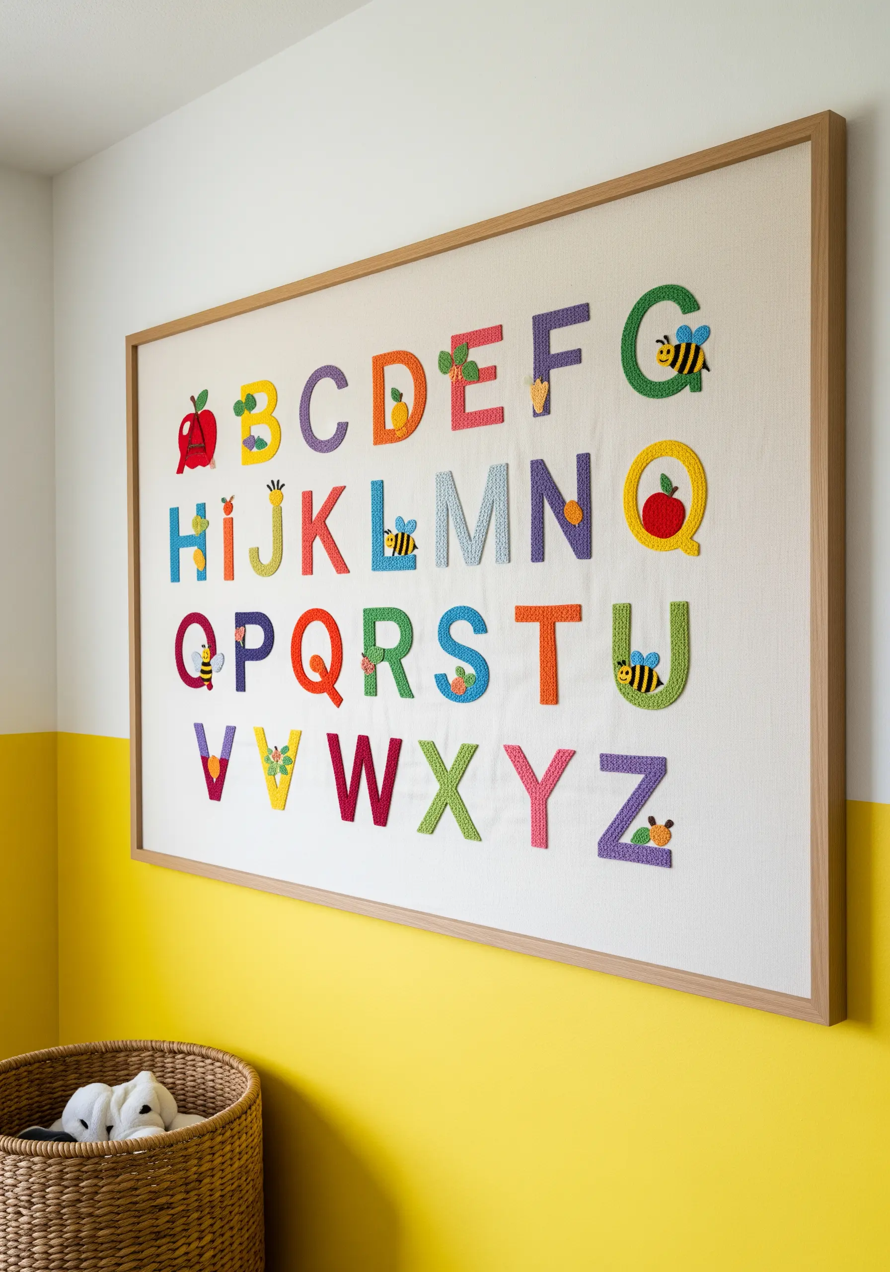 A large framed embroidery piece displaying the full alphabet with colorful, playful details.