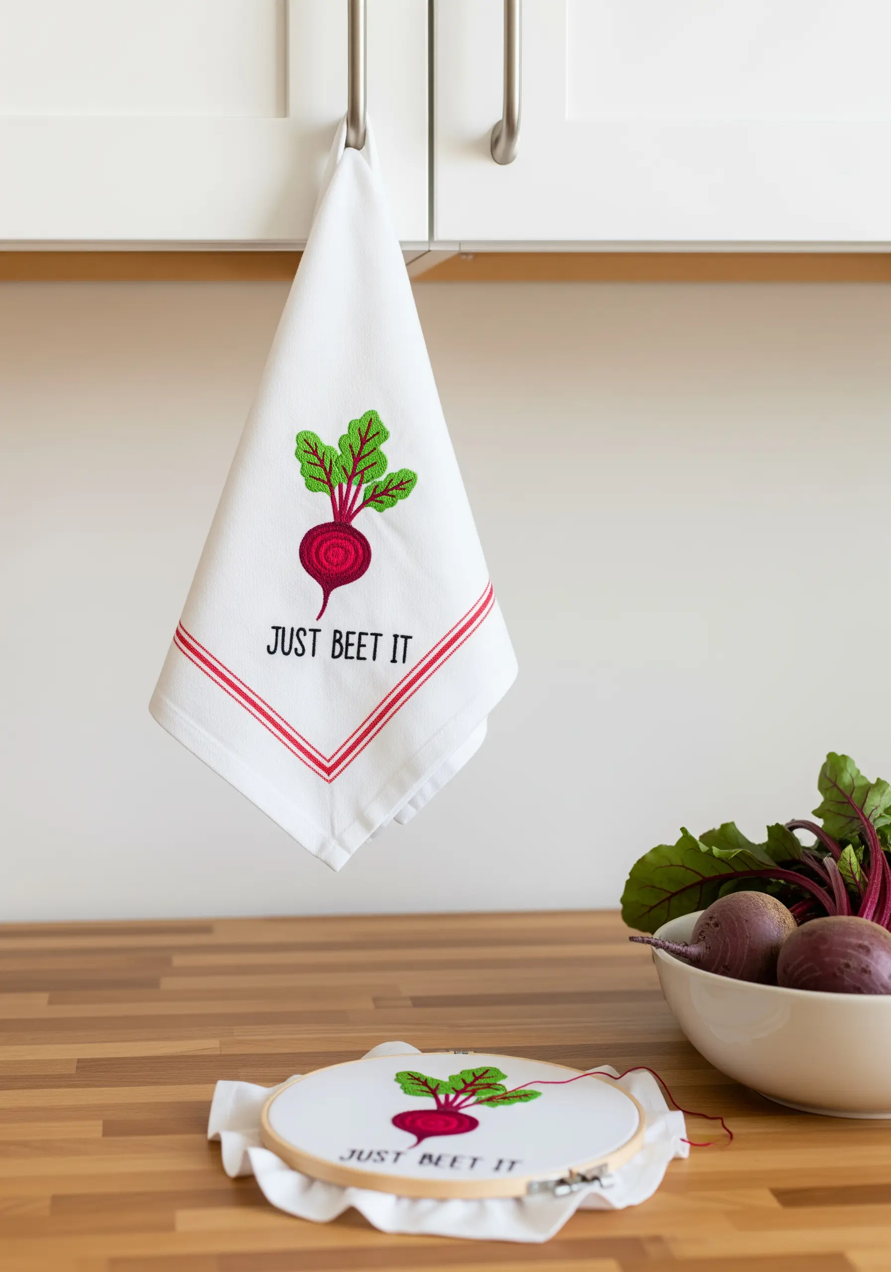 A white kitchen towel embroidered with a beet and the pun 'Just Beet It'.