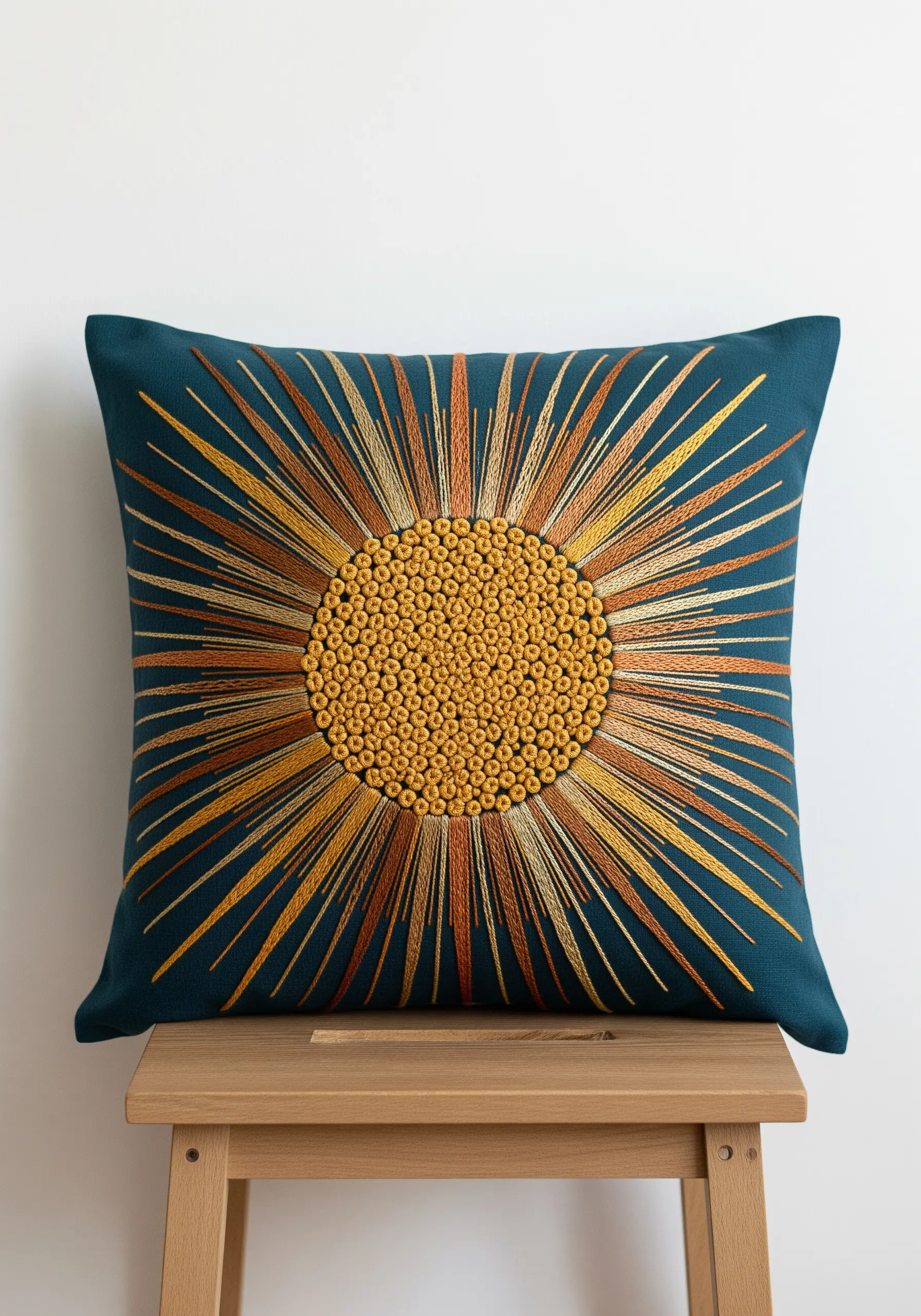 A sunburst design on a dark teal pillow with a French knot center and radiating stitches.