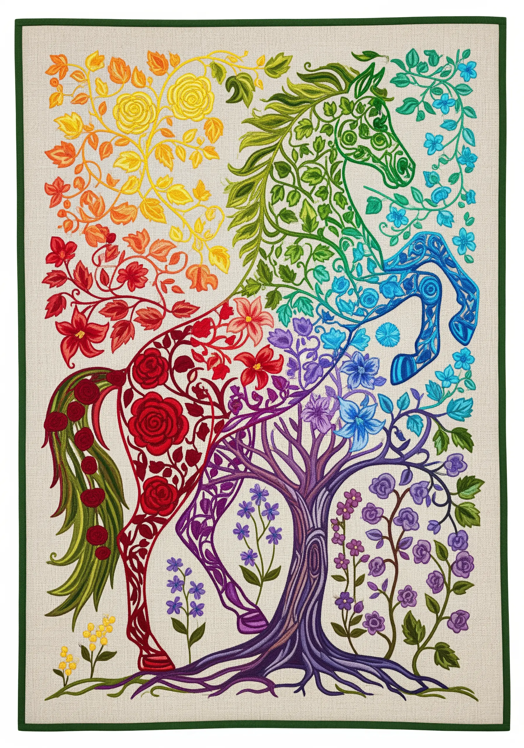 Horse silhouette filled with flowers organized into a seamless rainbow color gradient.